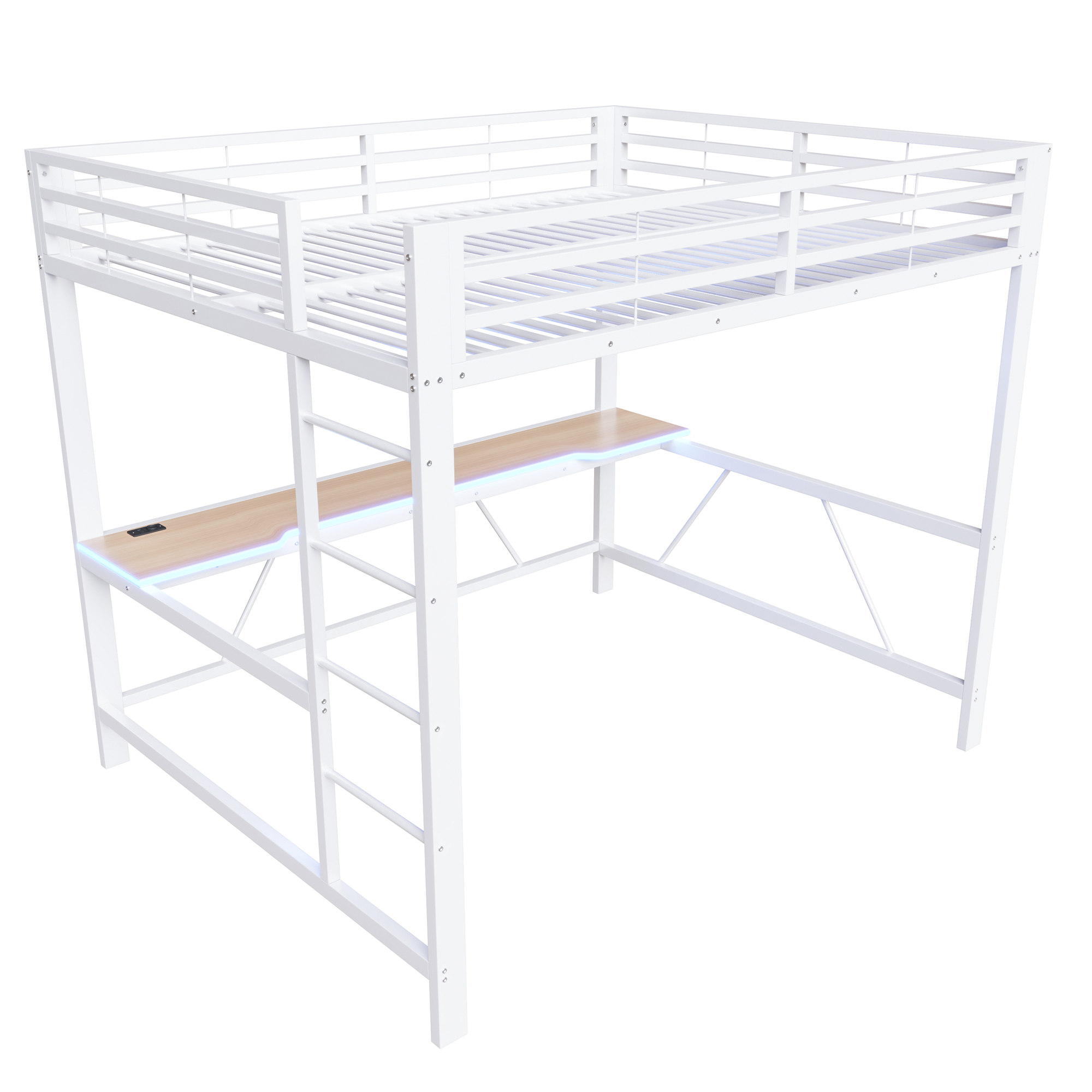 Lit mezzanine 160x200 cm,en métal,lit enfant,rangement intégré,bureau intégré,éclairage LED,port USB,blanc,lit mezzanine avec bureau
