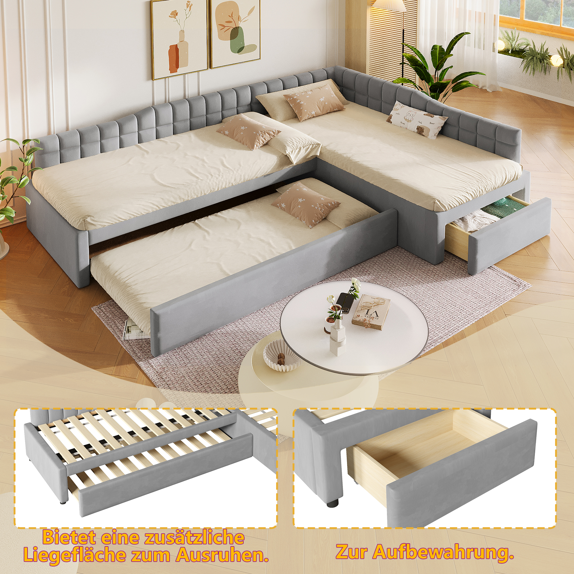 Lit rembourré 90 x 200 cm, lit gigogne 90 x 200 cm, tiroirs de rangement, MDF, gris, 295,5 x 95,5 x 57,5 cm 🛏️↔ - vue principale 1