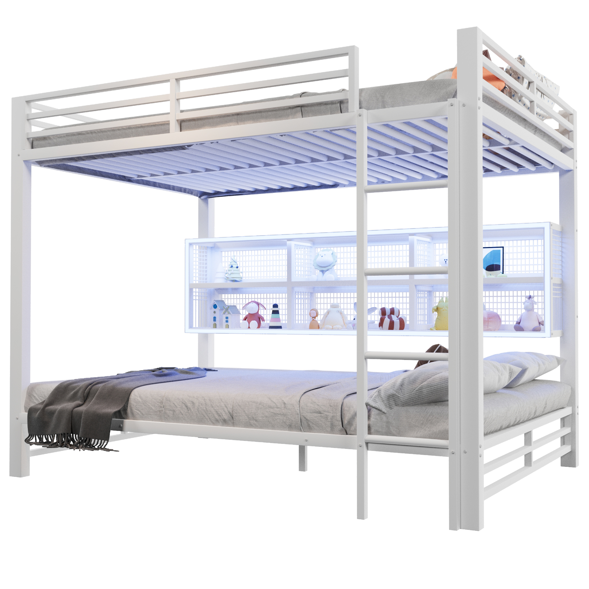 Lit superposé 140 x 200 cm avec éclairage LED, rangements intégrés, blanc - points forts 1