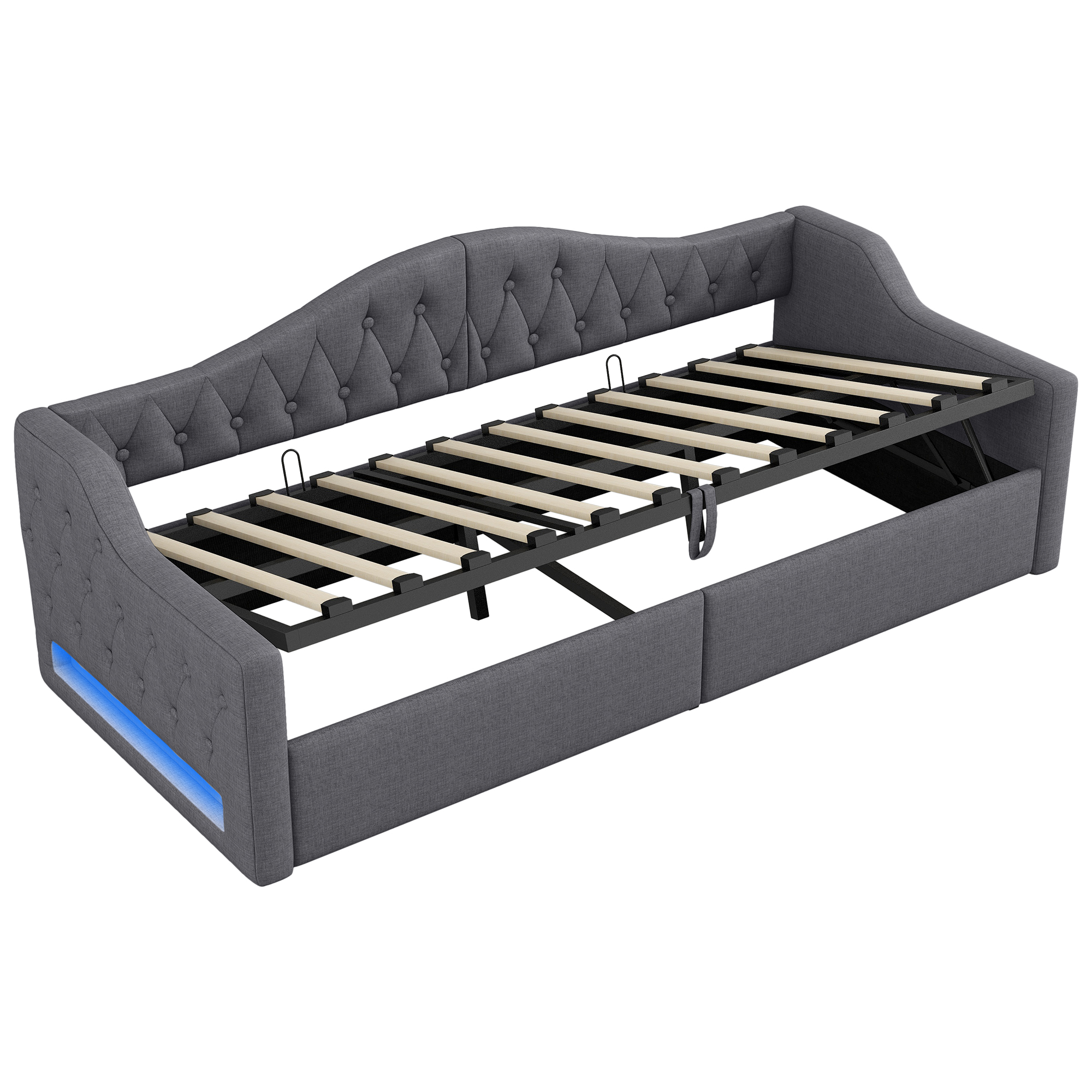 Lit banquette convertible 90x200 cm,en bois,couchage gigogne,rangement intégré,éclairage LED,gris,lit 1 place,lit avec rangement intégré