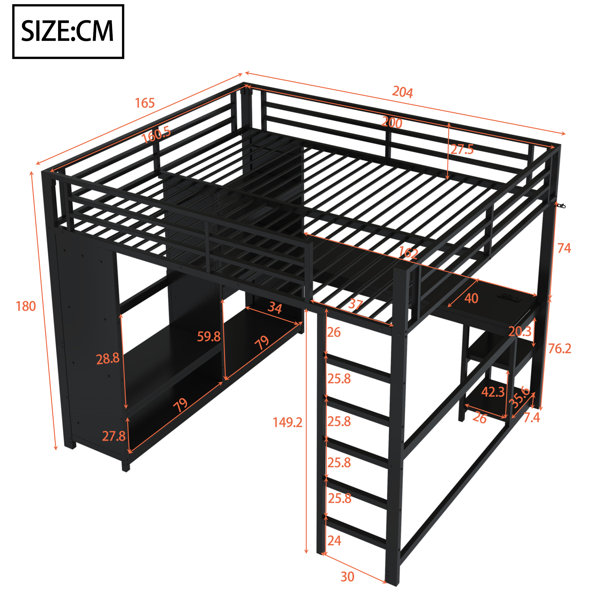 Lit mezzanine 160 x 200 cm, bureau intégré, échelle, penderie intégrée, éclairage LED au niveau du bureau, métal, noir, 204 x 165 x 180 cm - vue complémentaire 1