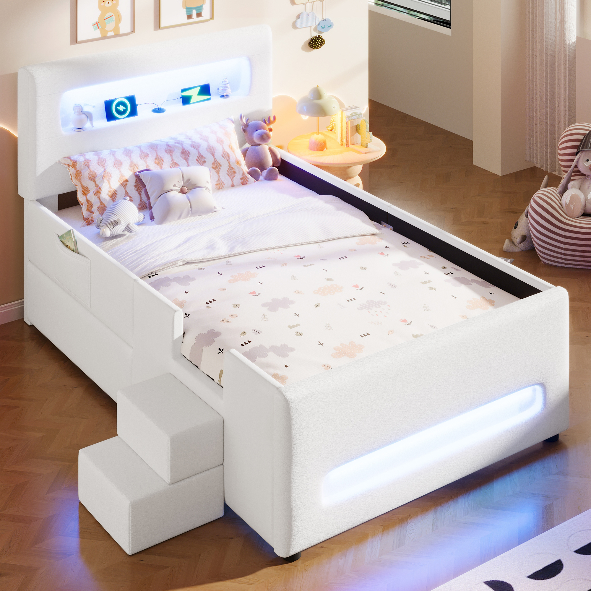 Lit rembourré 90 x 200 cm, escalier, 1 tiroir, éclairage LED, port USB, MDF, blanc, 218 x 97 x 95 cm - vue principale 1