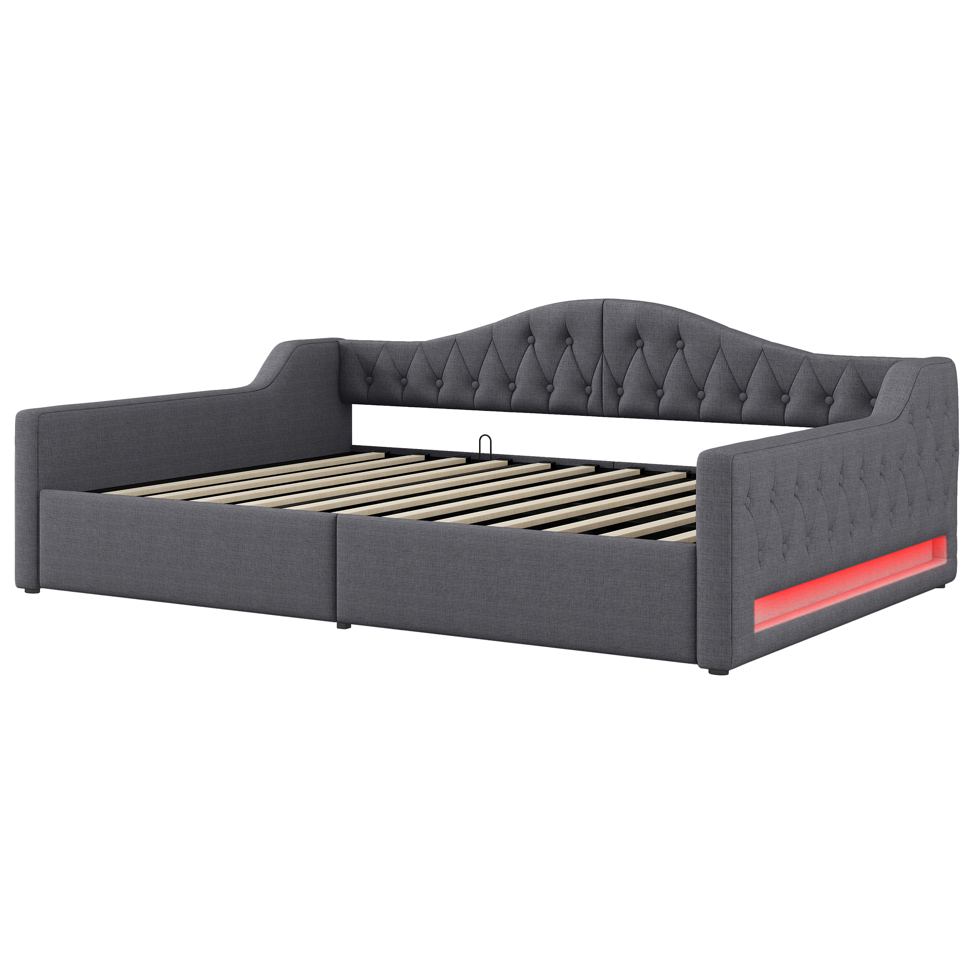Lit banquette convertible 140x200 cm,en bois,couchage gigogne,rangement intégré,éclairage LED,gris,lit 2 places,lit avec rangement intégré