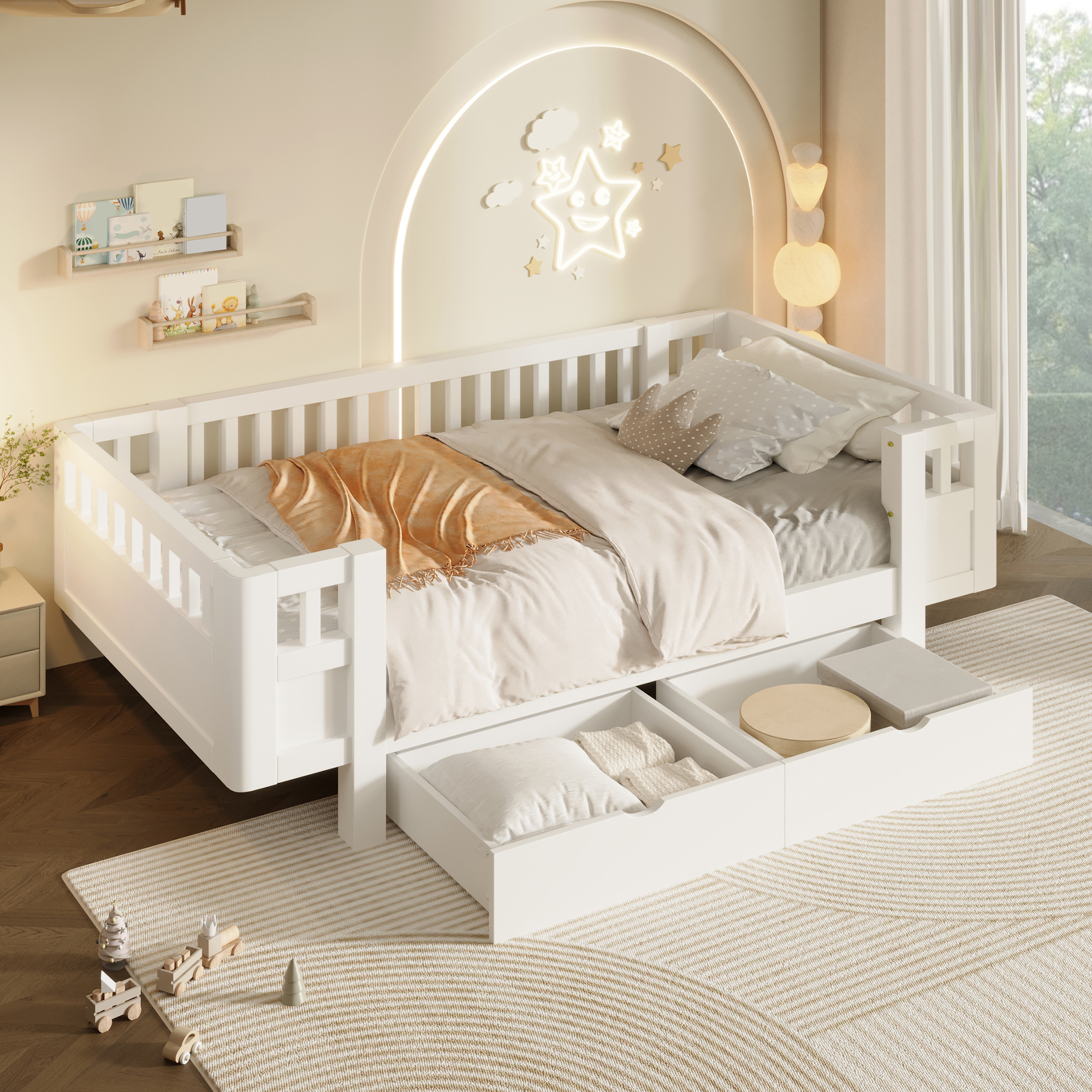 Lit / lit de chambre 90 x 200 cm avec éclairage LED, rangements intégrés, fonction extensible, blanc - présentation 1