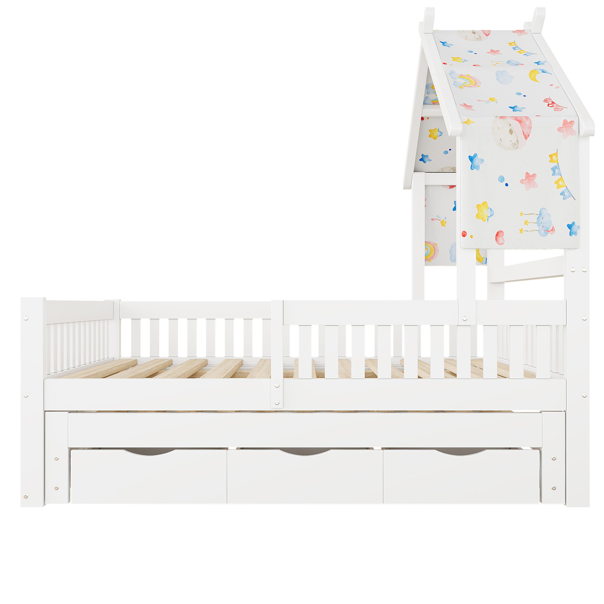 Lit cabane 140x200 cm,en bois,lit enfant,lit gigogne,port USB,blanc
