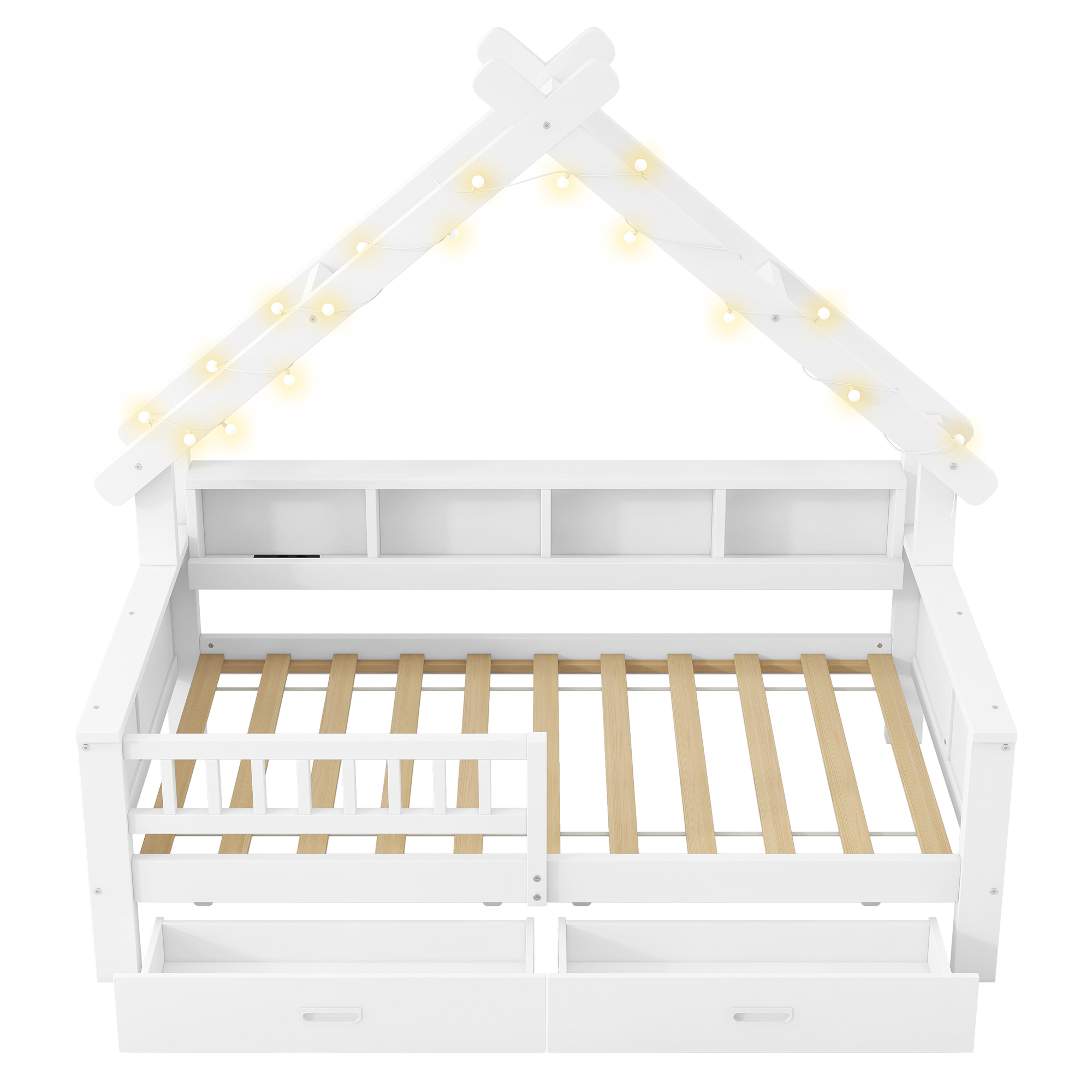 Lit cabane 90x200 cm,en bois,lit enfant,tiroirs de rangement,éclairage LED,port USB,blanc,lit avec rangement intégré