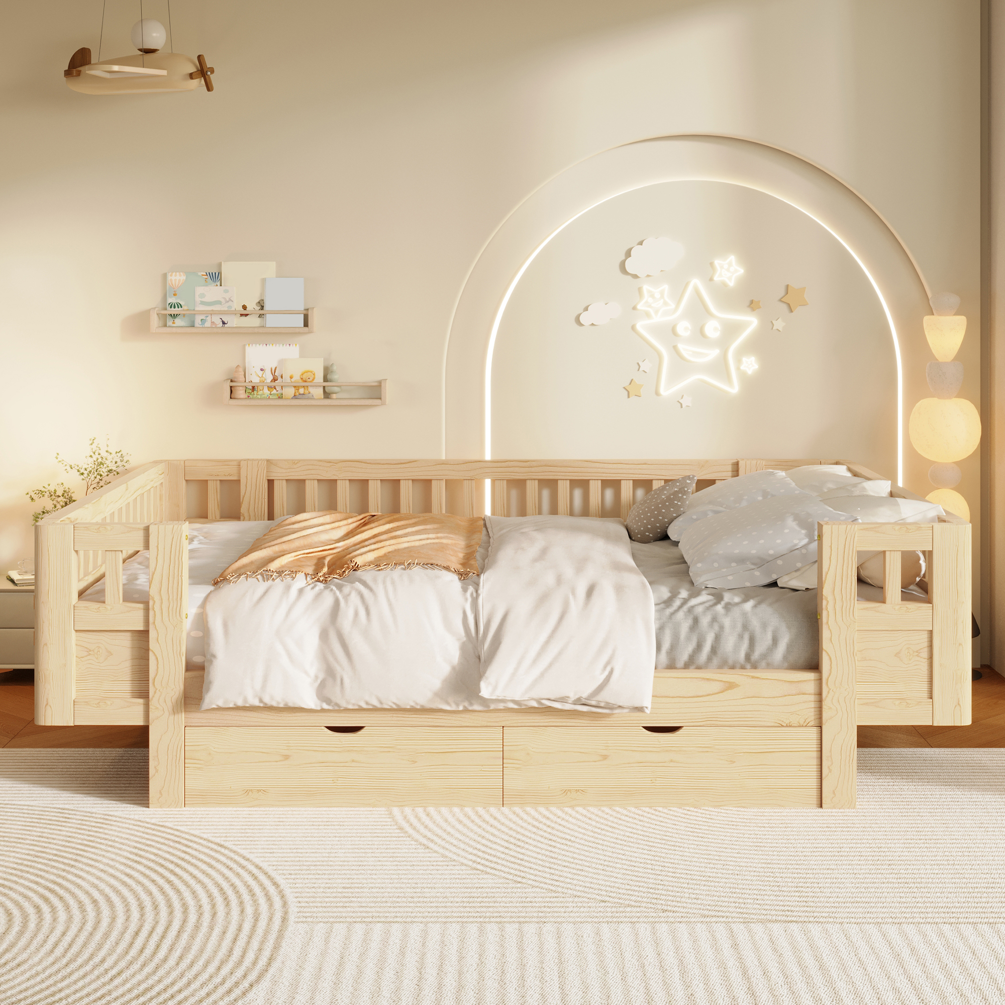 Lit / lit de chambre 140 x 200 cm avec éclairage LED, rangements intégrés, fonction extensible, bois - présentation 1