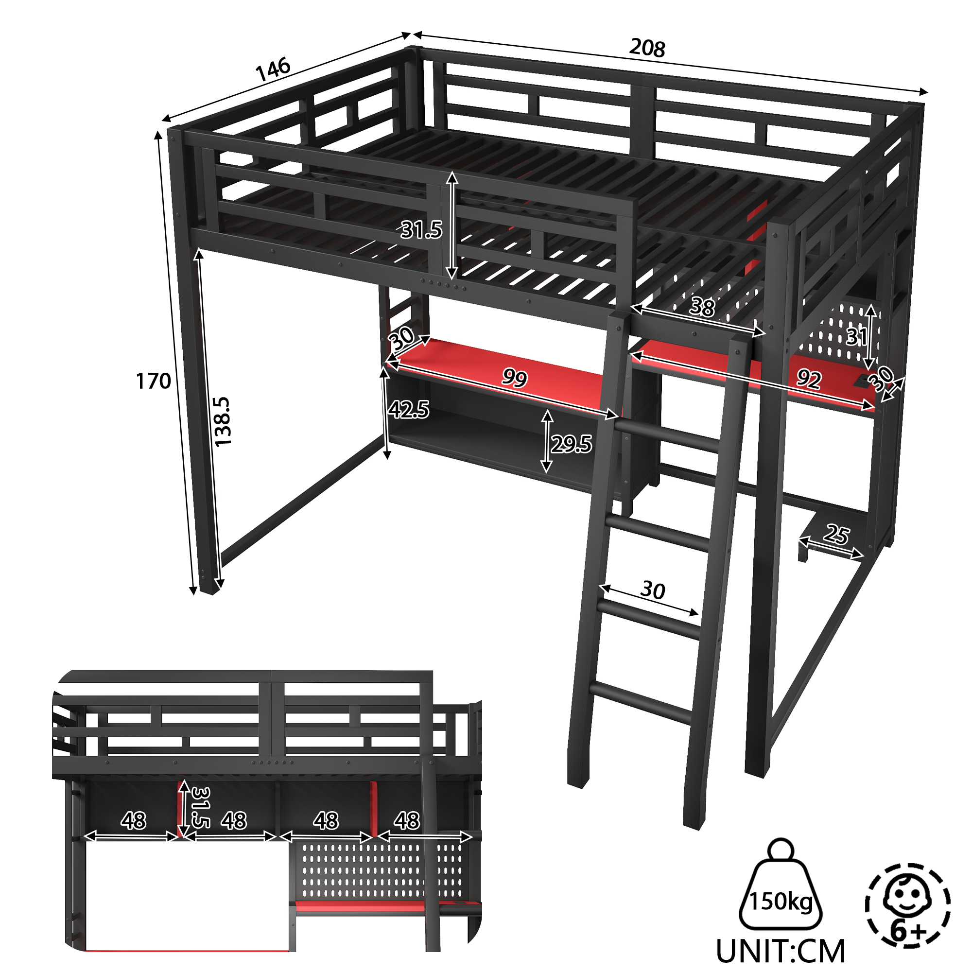 Lit Superposé Gaming 140×200 cm – LED RGB, Bureau & Rangements – Rangements pratiques intégrés
