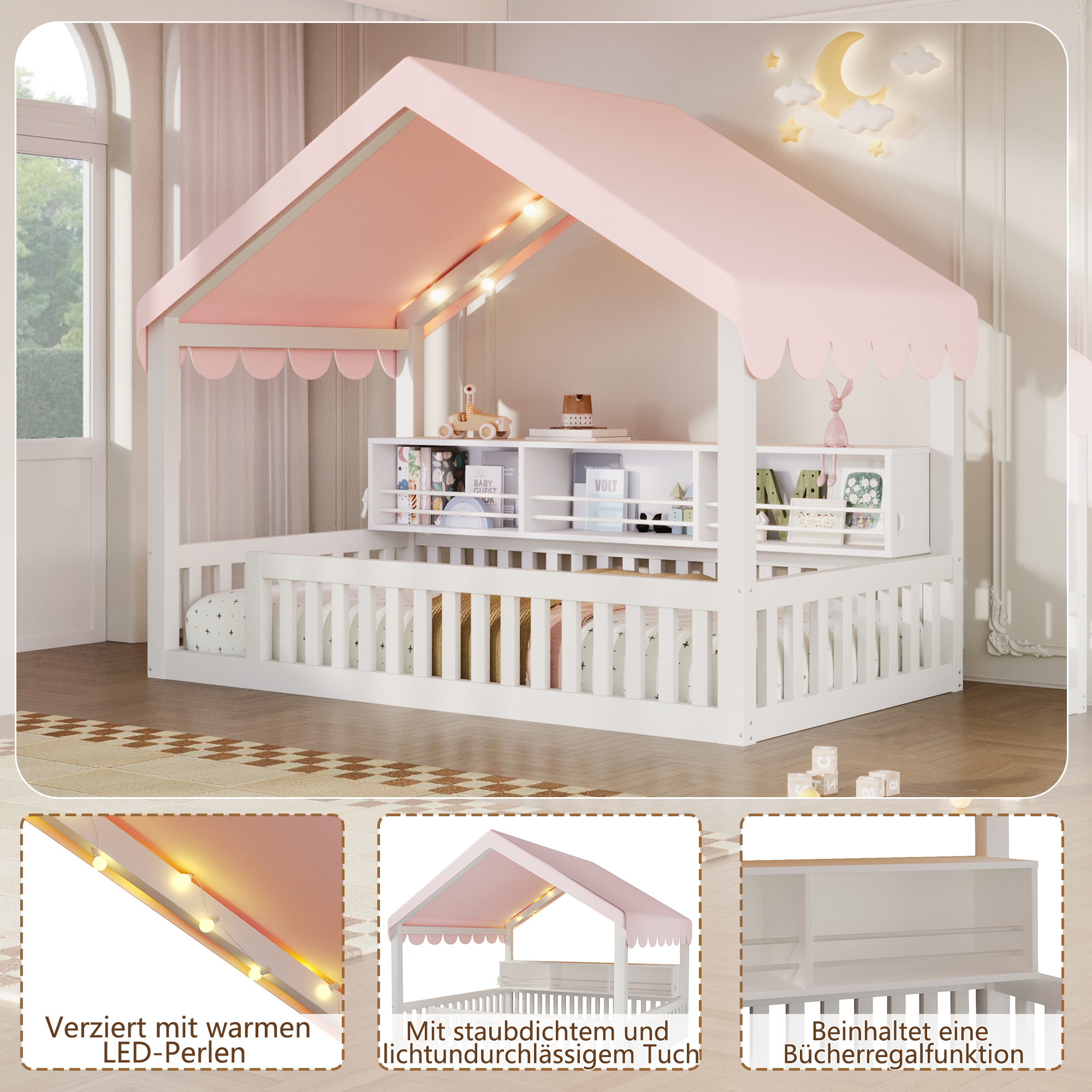 Lit cabane enfant 90x200 cm blanc avec LED bibliothèque et garde-corps