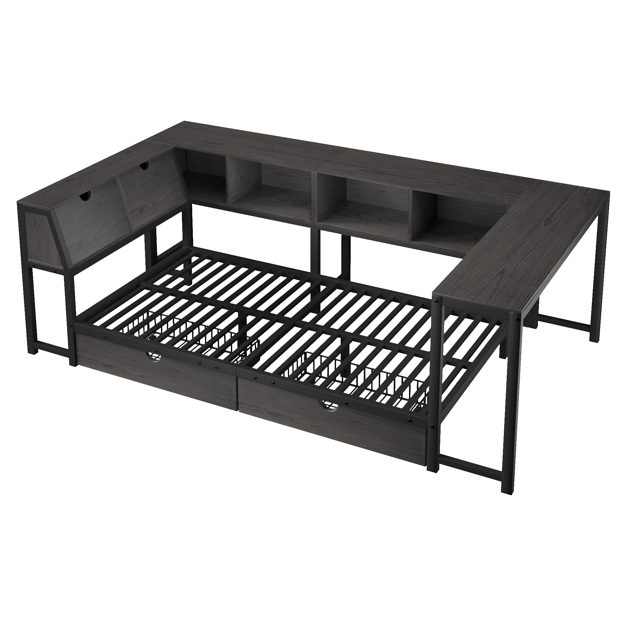 Lit 90 x 200 cm, bureau intégré, 2 tiroirs, éclairage LED intégré à la tête de lit, métal et MDF, noir, 254,5 x 118,5 x 76,5 cm - spécifications 1