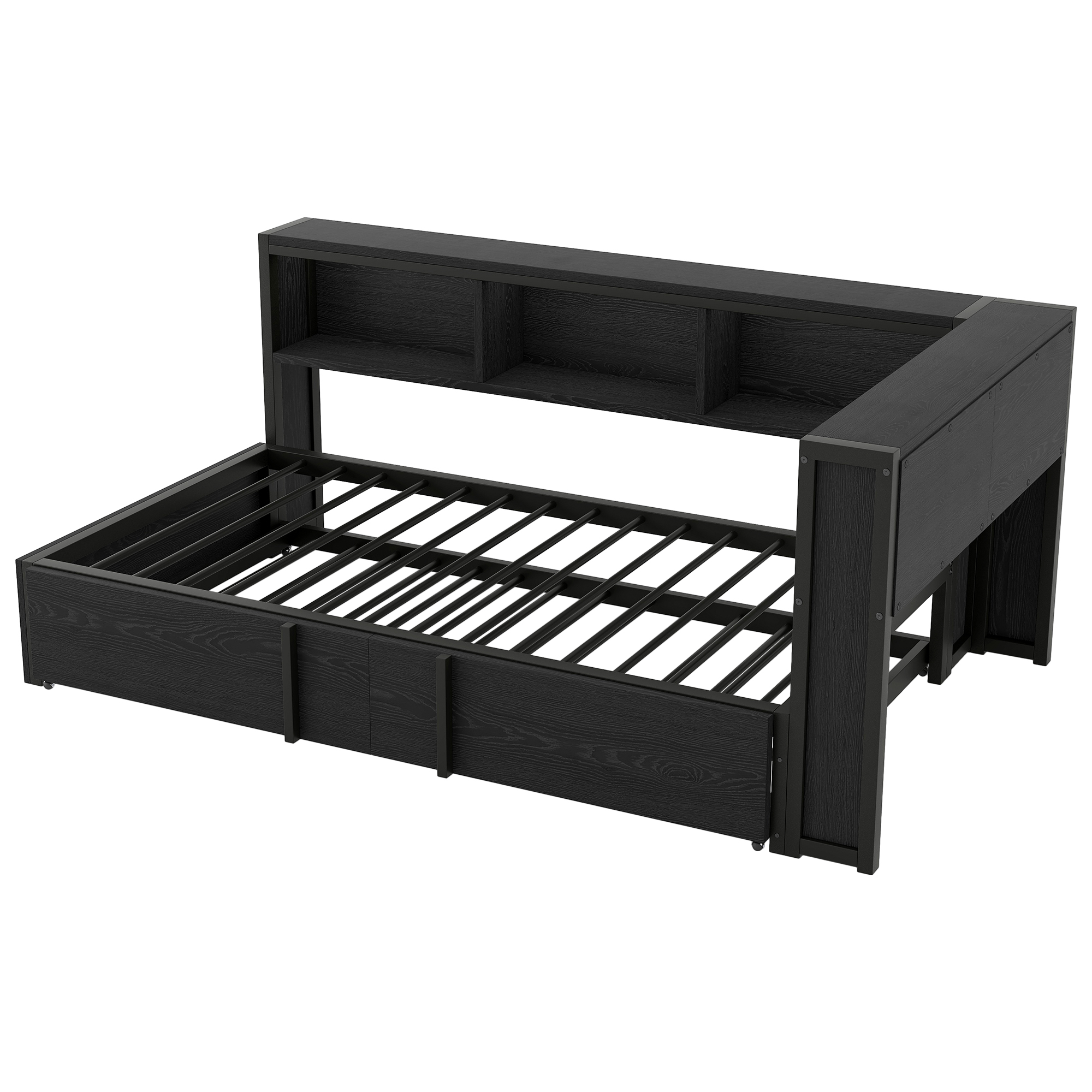 Lit banquette 90x200 cm,en métal,lit gigogne,rangement intégré,éclairage LED,port USB,noir,lit 1 place