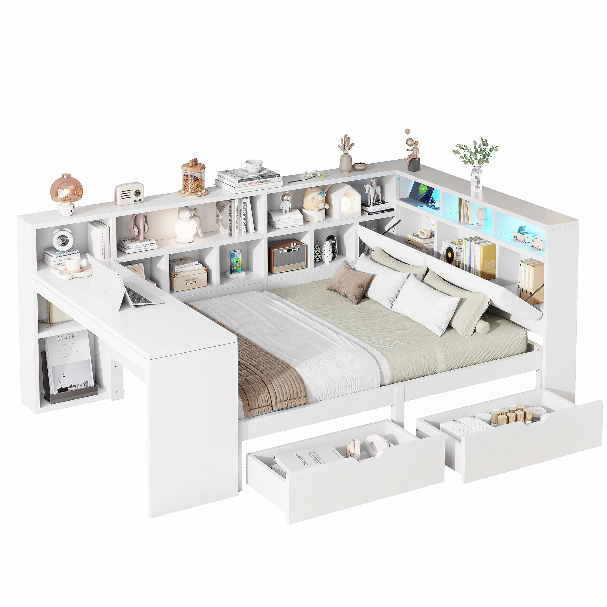 Lit / lit de chambre 140 x 200 cm avec éclairage LED, port USB / Type-C, rangements intégrés, bureau intégré, blanc - points forts 1