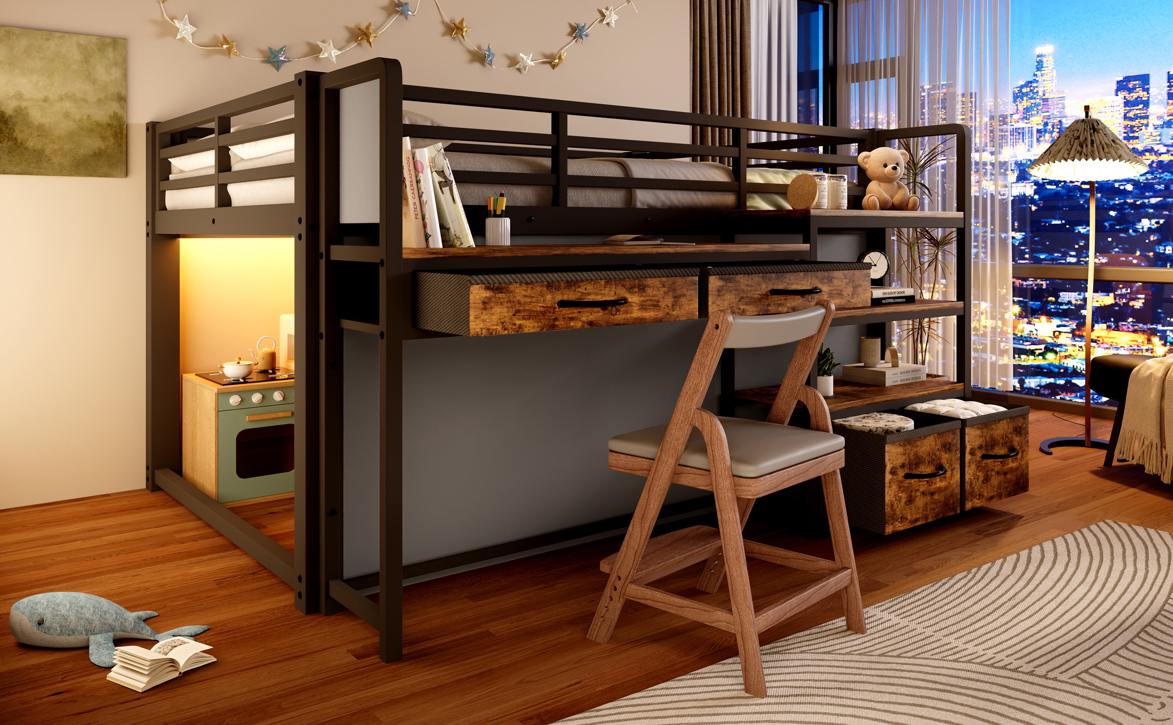 Lit mezzanine enfant 140x200 cm avec bureau étagères tiroirs tissu rideau LED noir