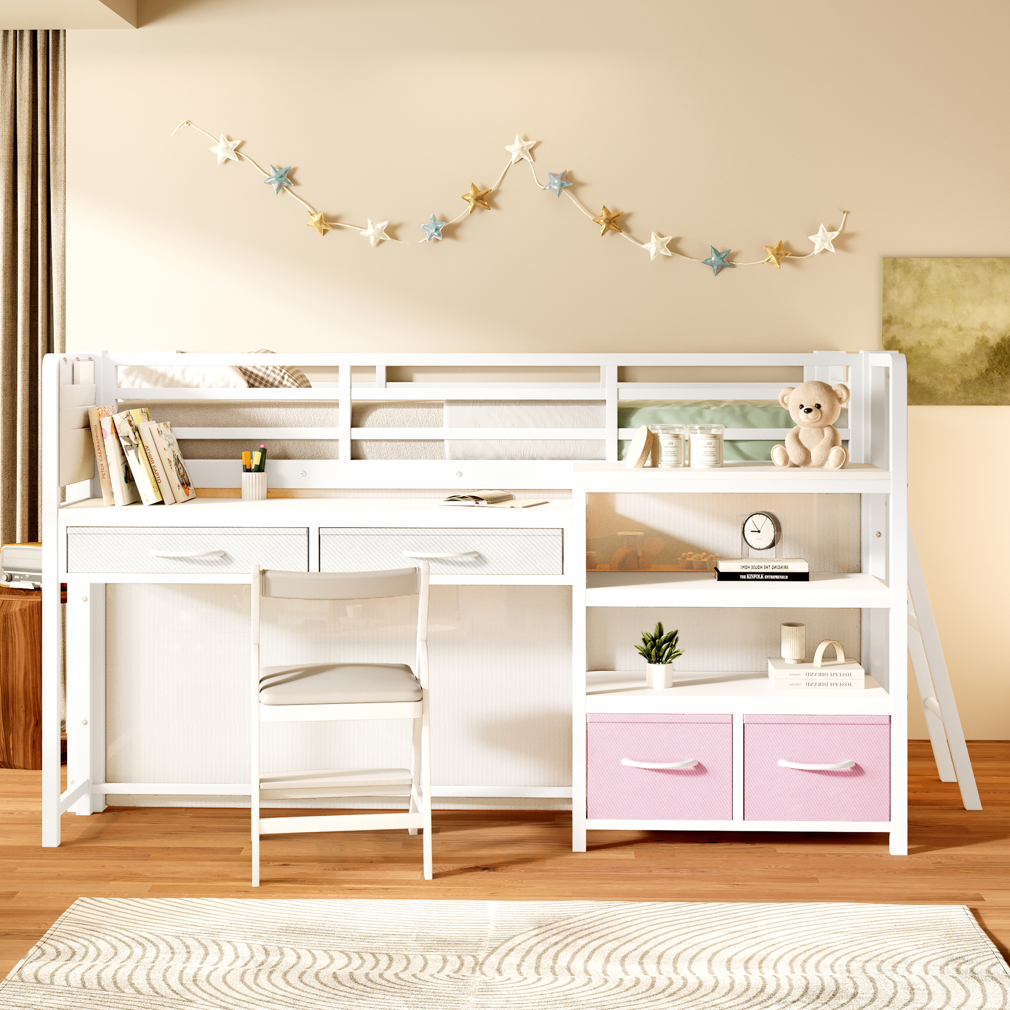 Lit mezzanine enfant 90x200 cm avec bureau étagères tiroirs tissu rideau LED blanc