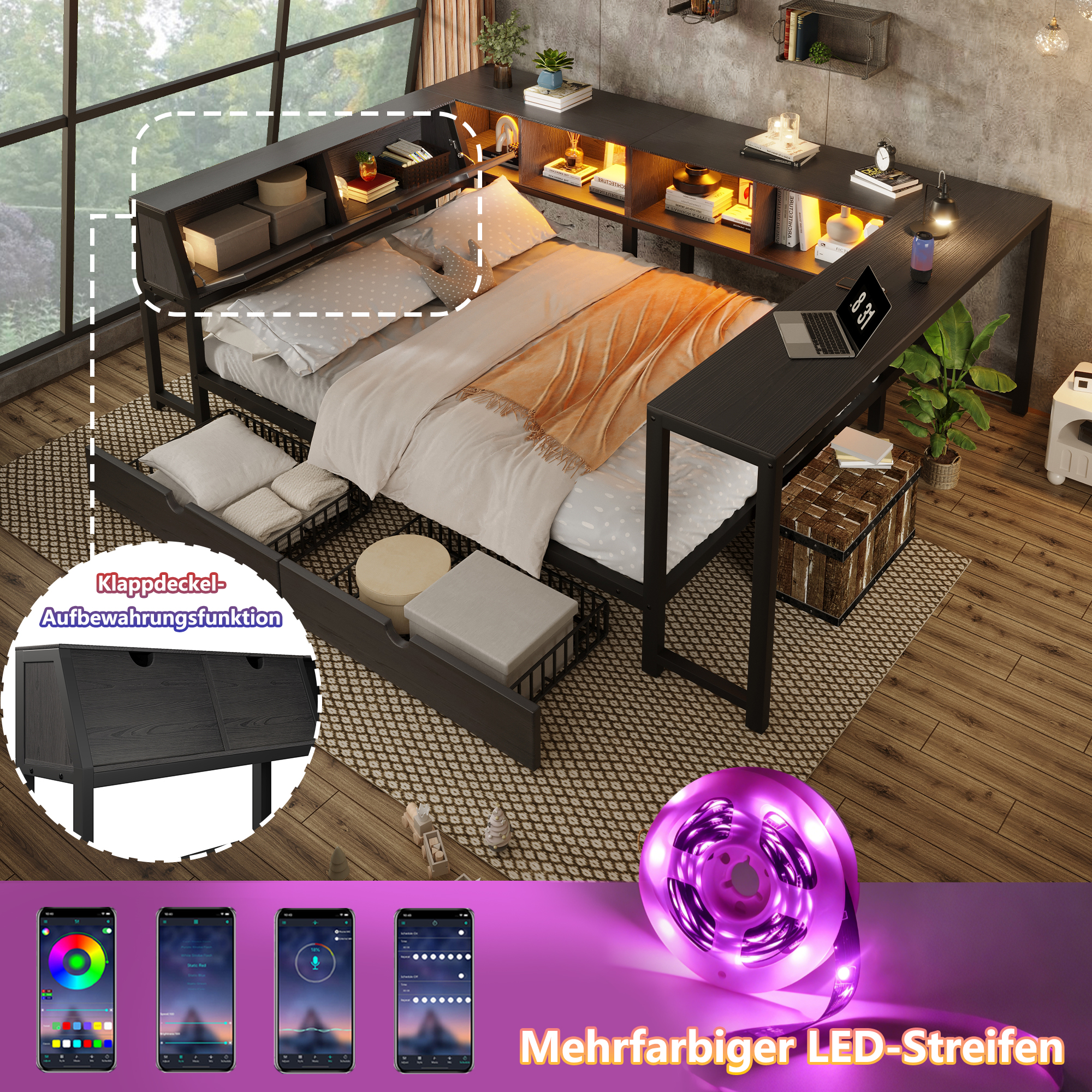 Lit en métal 140x200 cm,en métal,lit enfant,tiroirs de rangement,bureau intégré,éclairage LED,noir,lit avec rangement intégré