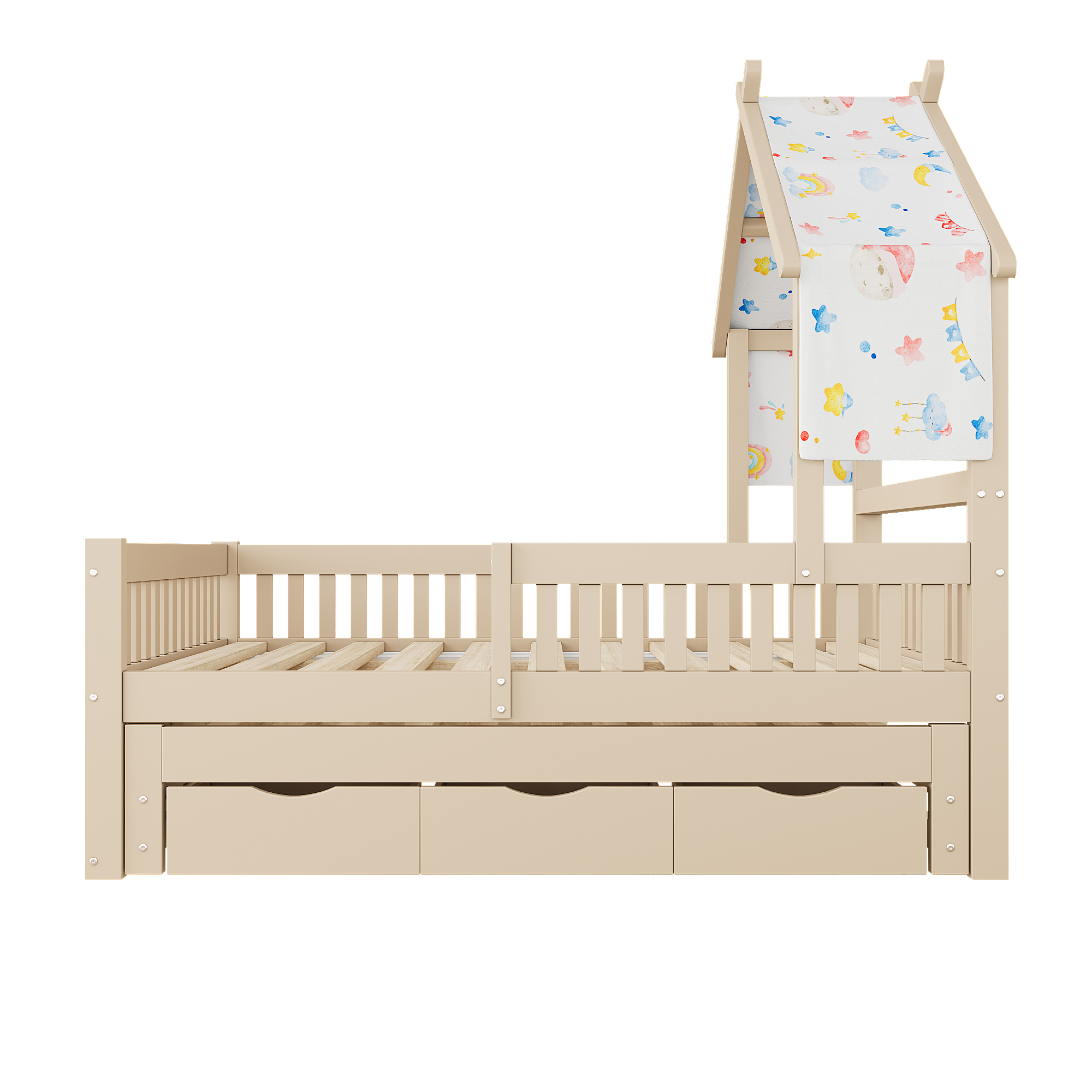 Lit cabane 140x200 cm,en bois,lit enfant,lit gigogne,port USB,Écru