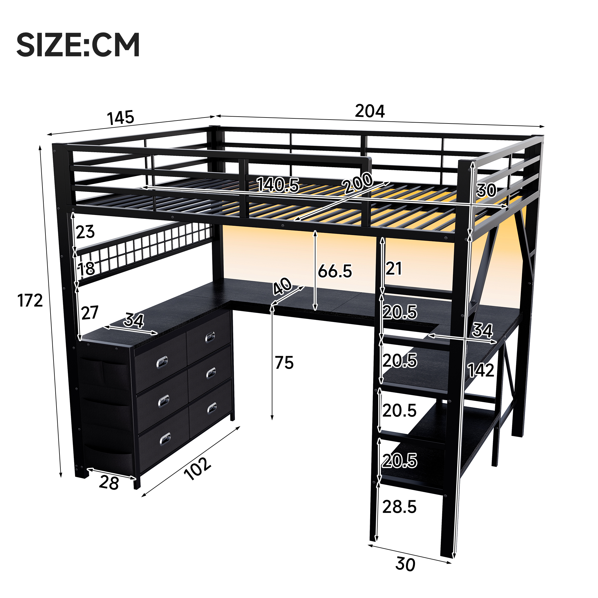 Détails du lit mezzanine en métal avec bureau et rangements