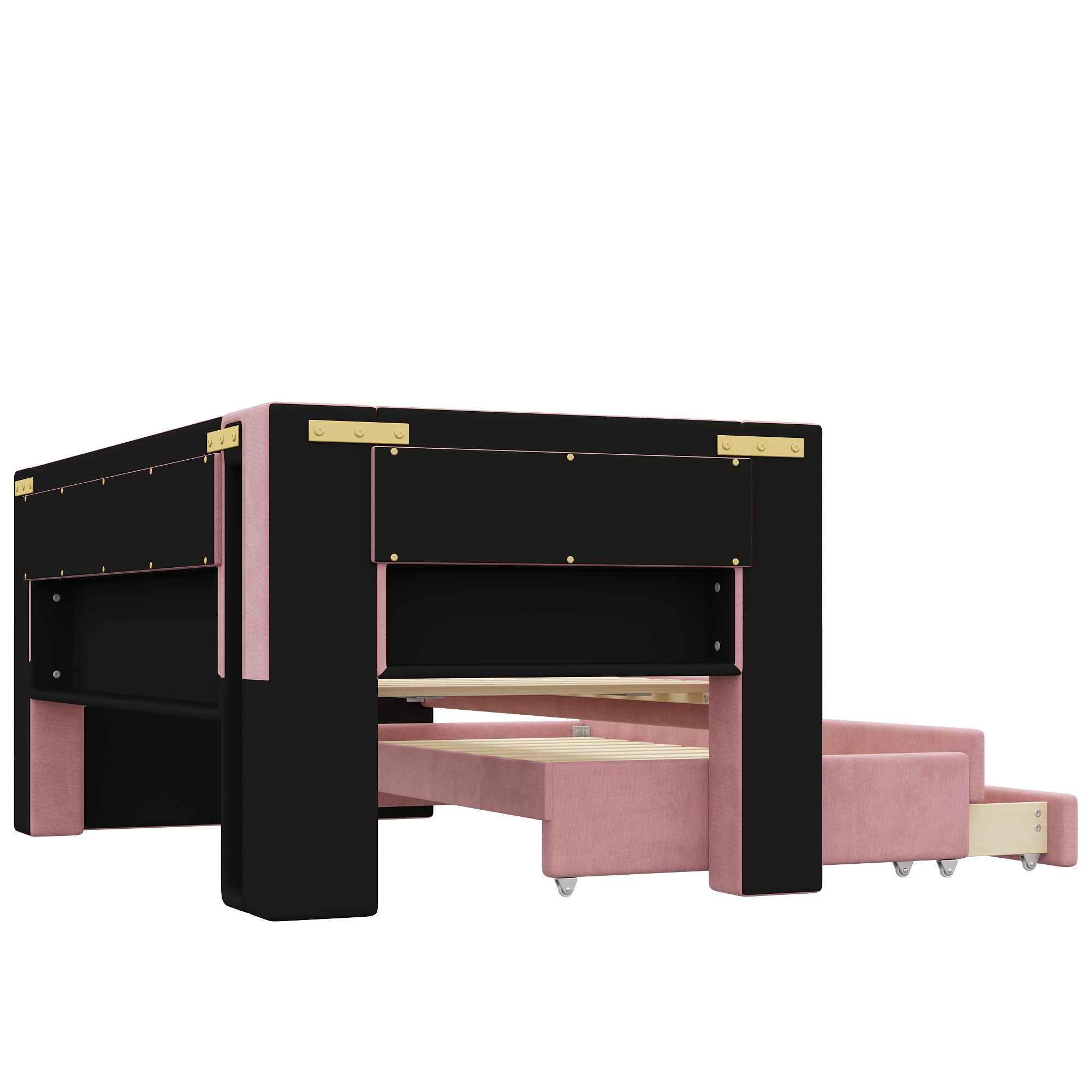 Lit banquette 90x200 cm,en bois,lit gigogne,éclairage LED,port USB,rose,lit 1 place