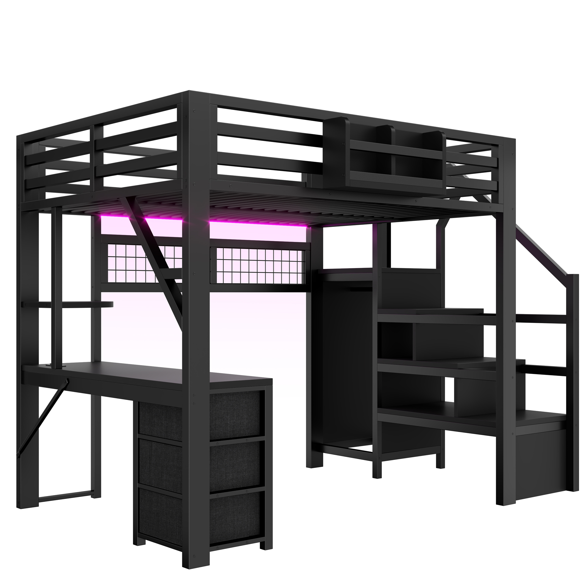 Lit mezzanine 140 x 200 cm, bureau intégré, escalier de rangement, penderie intégrée, 3 tiroirs, métal, noir, 255 x 145 x 170 cm - points forts 1