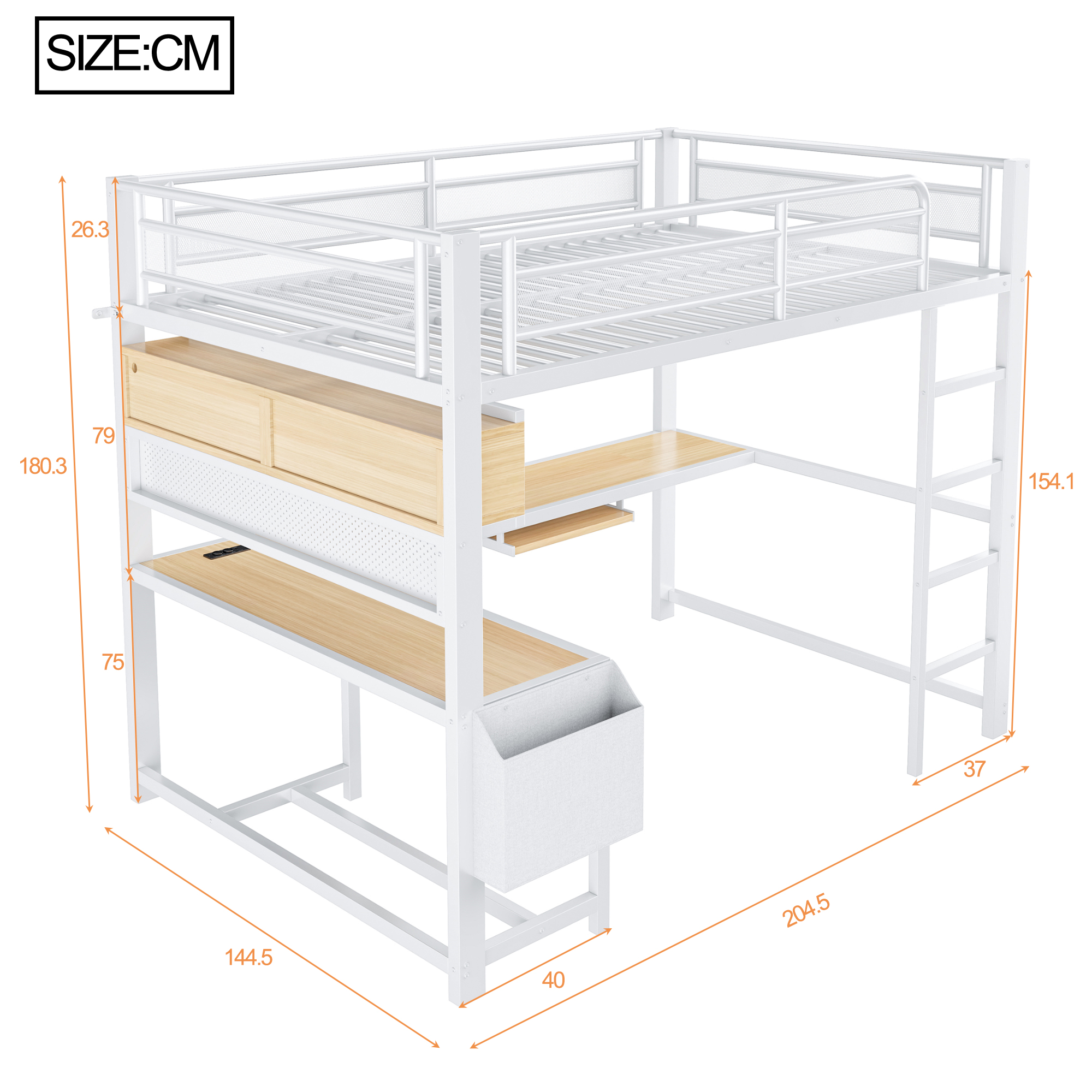 Dimensions lit mezzanine gaming blanc 204.5x144.5x180.3 cm