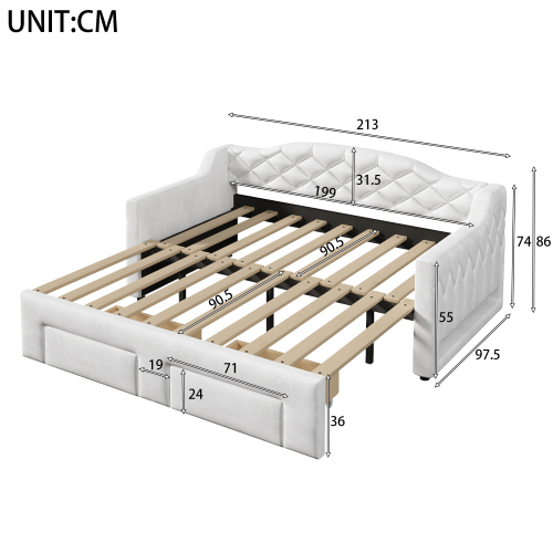 Dimensions du lit banquette extensible blanc