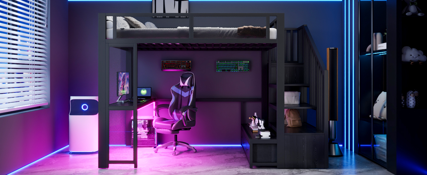 Lit mezzanine noir avec bureau et rangements