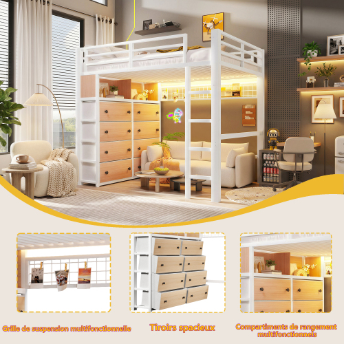 Rangements sous lit mezzanine blanc avec tiroirs et panneau perforé