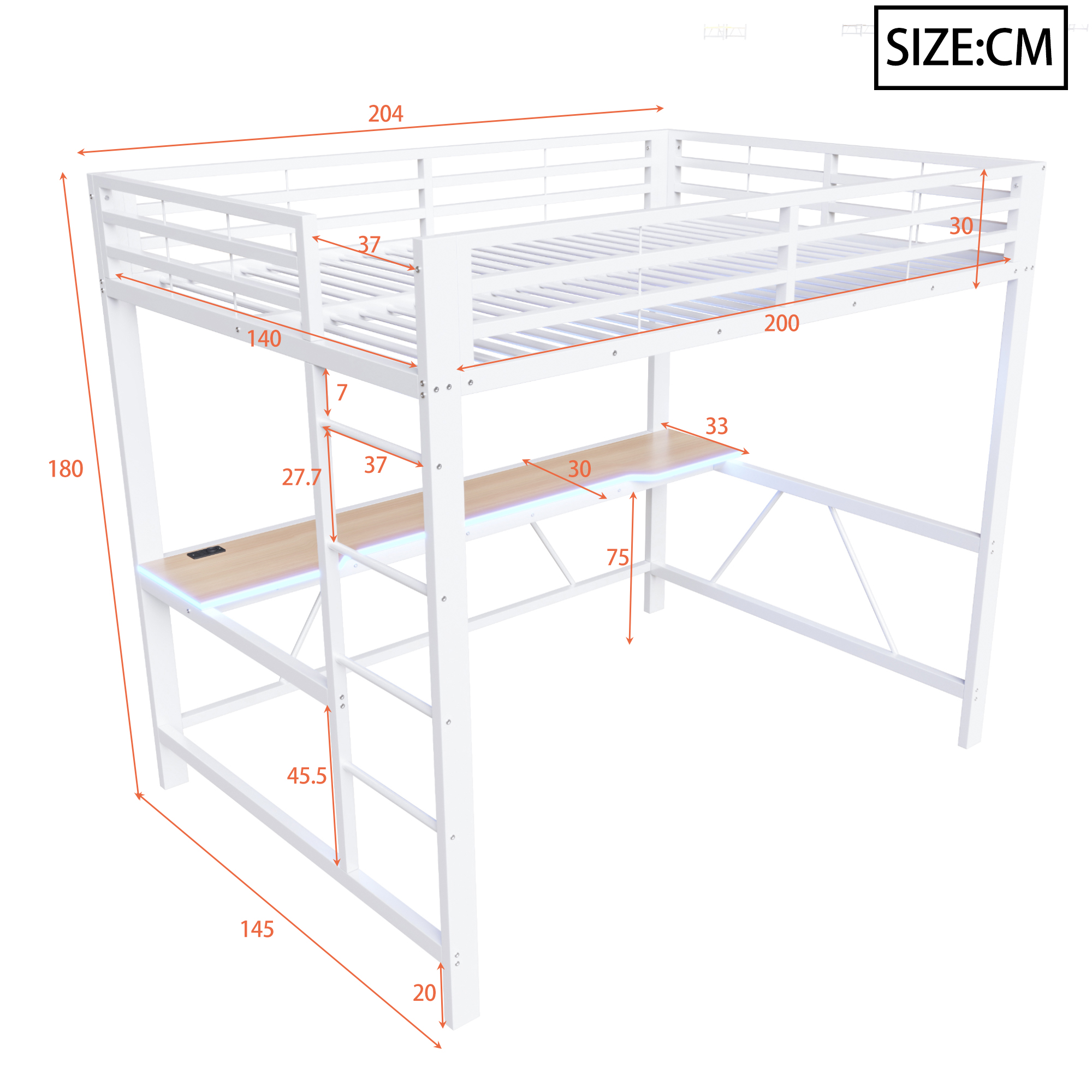 Lit mezzanine 140 x 200 cm, bureau intégré, éclairage LED sous le couchage, port USB, garde-corps, métal, blanc, 204 x 145 x 180 cm - vue complémentaire 1