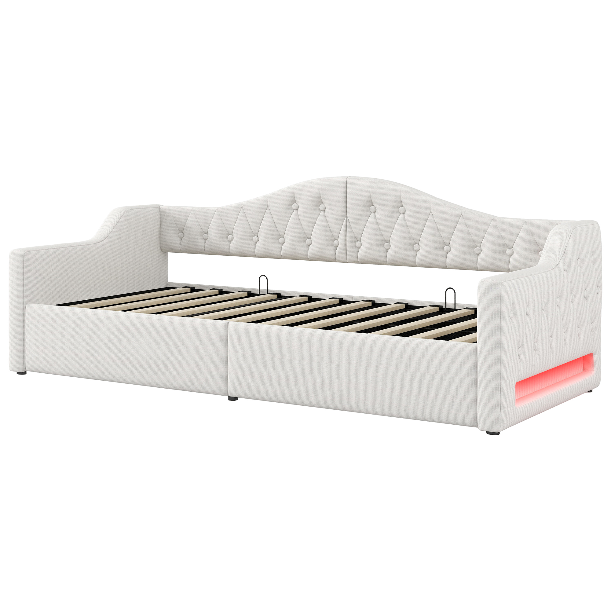 Lit banquette convertible 90x200 cm,en bois,couchage gigogne,rangement intégré,éclairage LED,beige,lit 1 place,lit avec rangement intégré