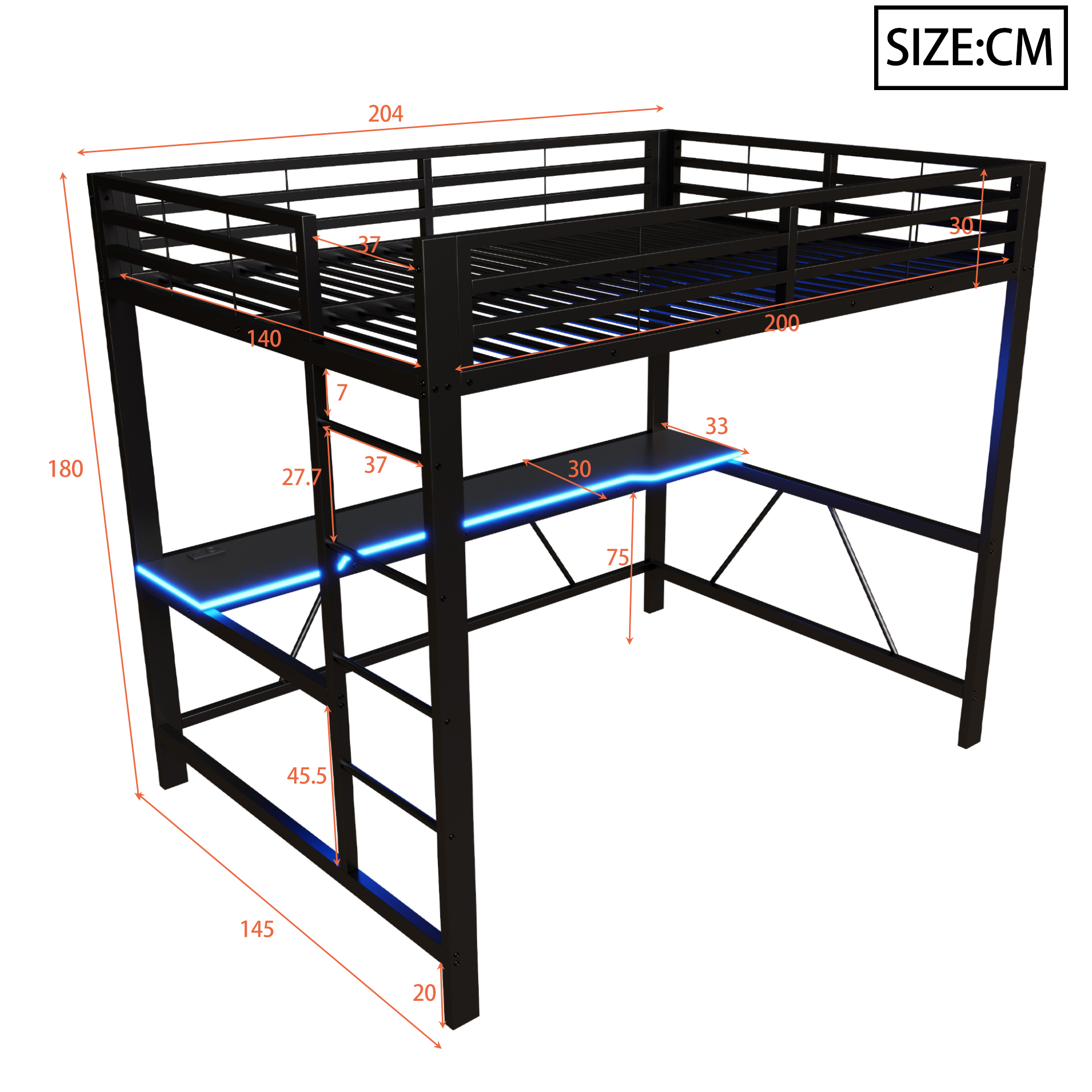 Lit mezzanine 140 x 200 cm, bureau intégré, éclairage LED sous le couchage, port USB, garde-corps, métal, noir, 204 x 145 x 180 cm - vue complémentaire 1