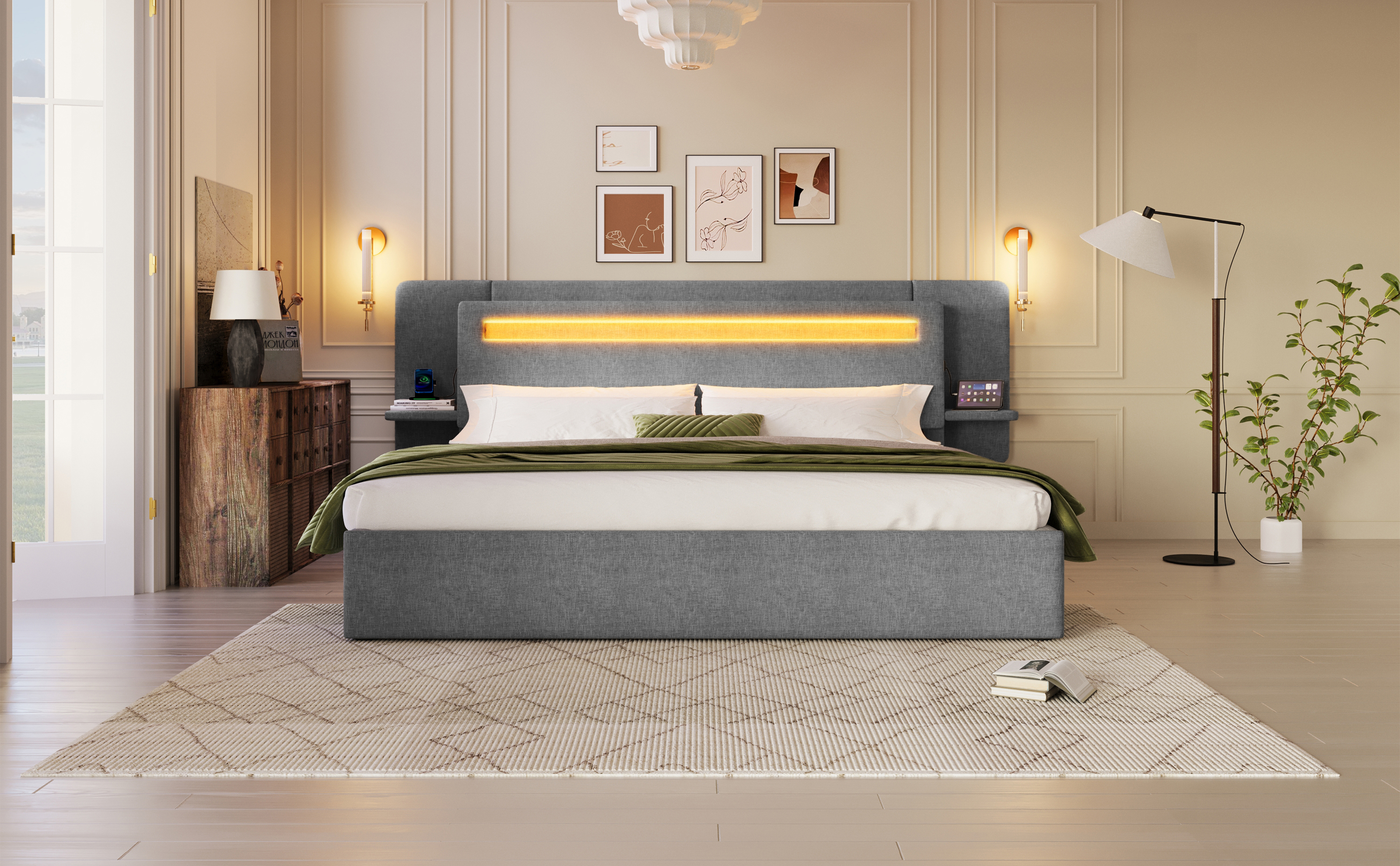 Lit coffre 180x200 cm gris avec rangement hydraulique LED et USB