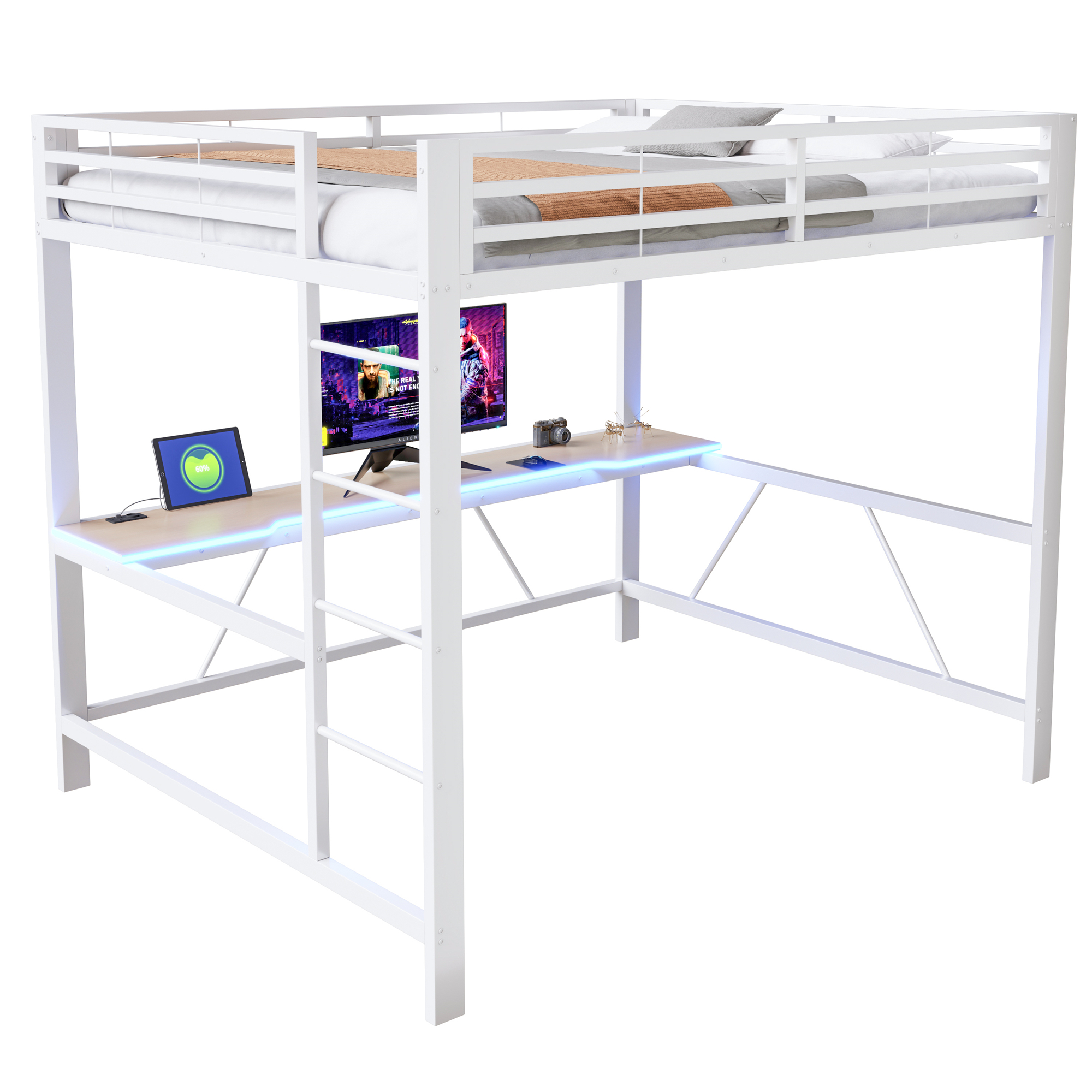 Lit mezzanine 160x200 cm,en métal,lit enfant,rangement intégré,bureau intégré,éclairage LED,port USB,blanc,lit mezzanine avec bureau