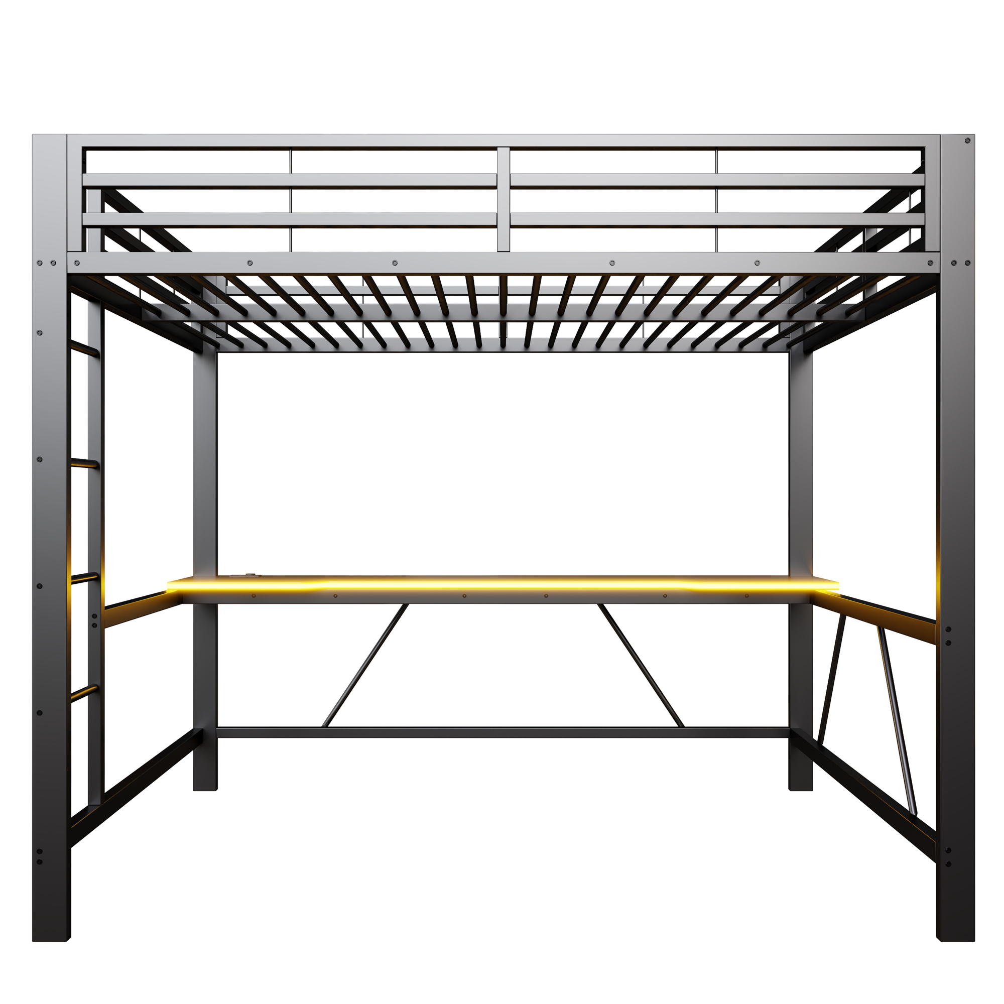 Lit mezzanine 160x200 cm,en métal,lit enfant,rangement intégré,bureau intégré,éclairage LED,port USB,noir,lit mezzanine avec bureau