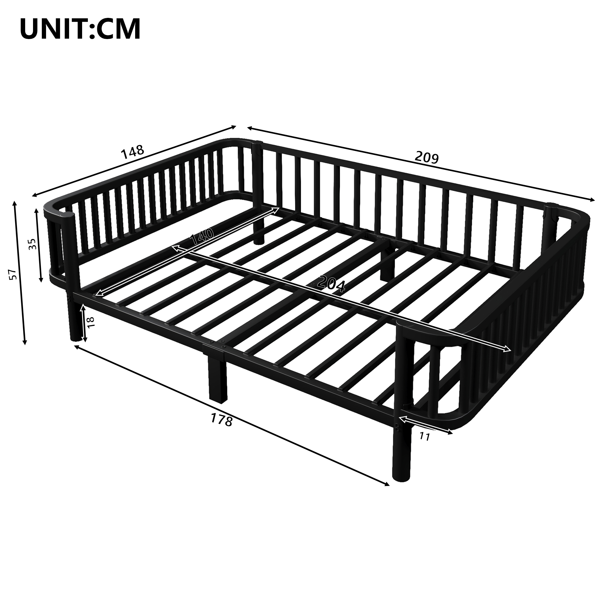 Détails de la structure métallique Noire et du sommier du lit banquette 140 x 200 cm