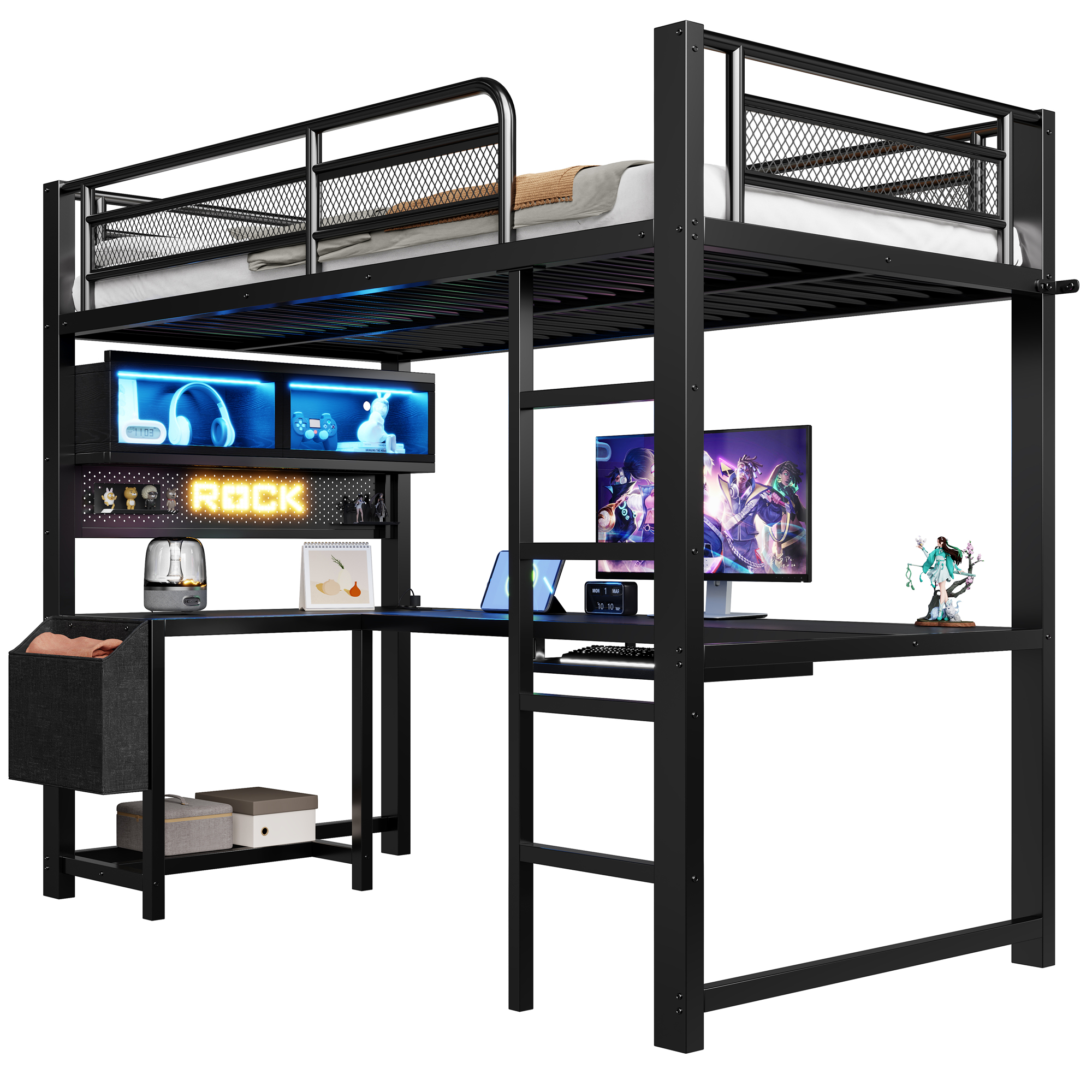 Détail lit mezzanine gaming LED et chargeur