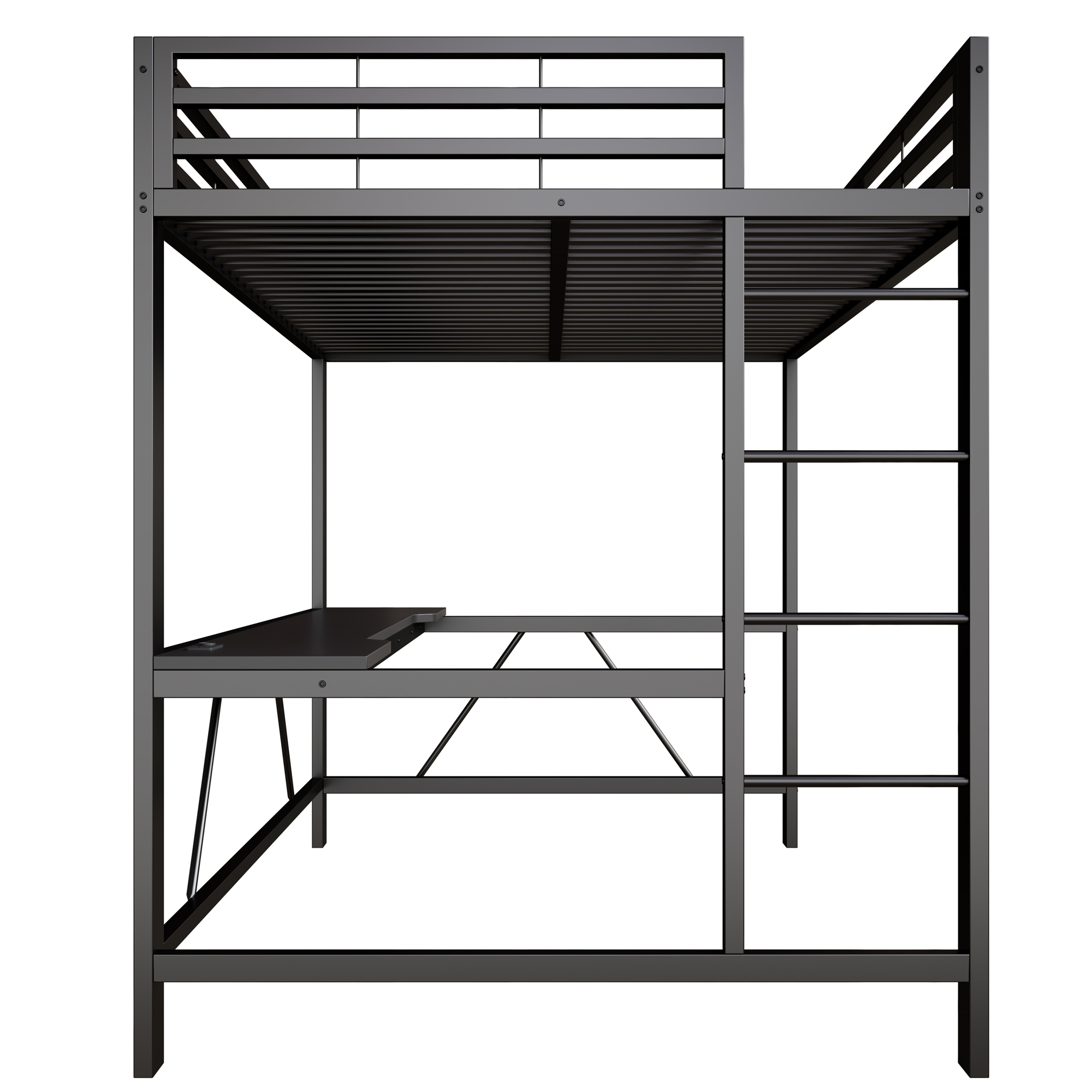 Lit mezzanine 140 x 200 cm, bureau intégré, éclairage LED sous le couchage, port USB, garde-corps, métal, noir, 204 x 145 x 180 cm - présentation 1