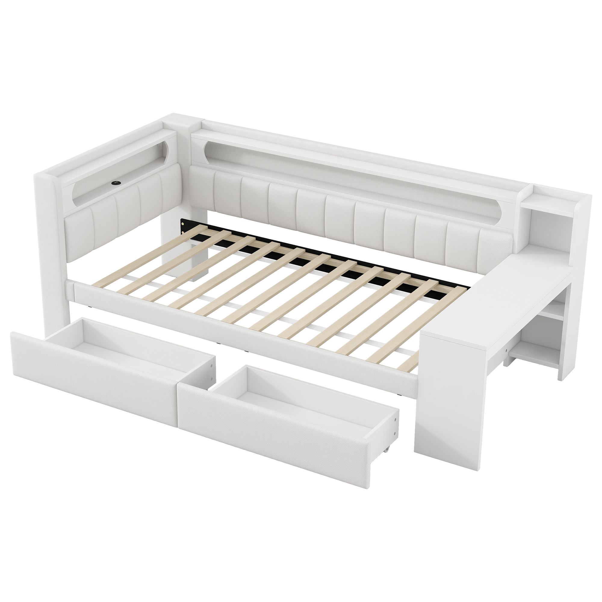 Lit banquette 90x200 cm,en bois,tiroirs de rangement,bureau intégré,éclairage LED,port USB,blanc,lit 1 place,lit avec rangement intégré