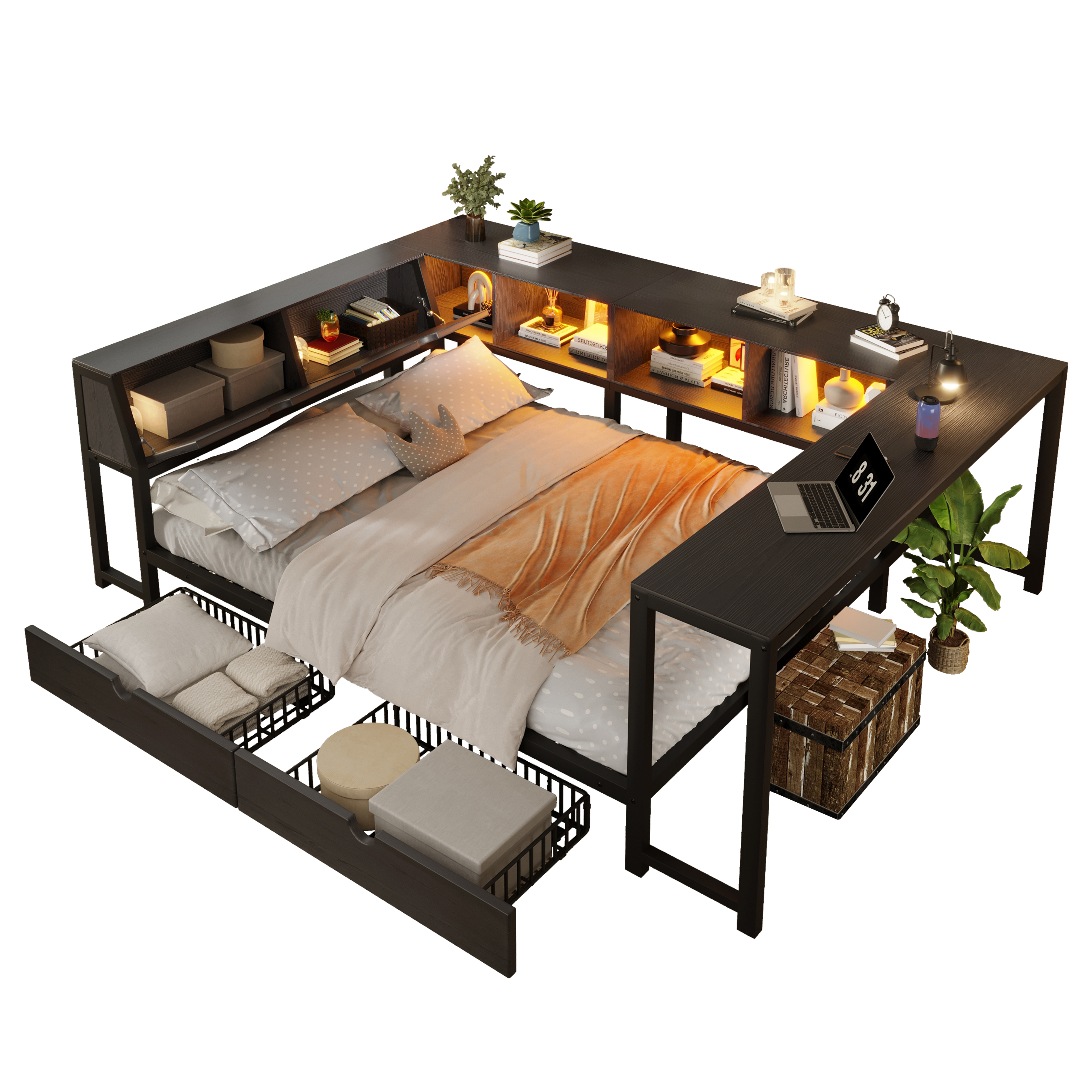 Lit Multifonctionnel 140×200 cm – Bureau, LED & Rangements Intégrés – Éclairage LED multicolore – ambiance personnalisée