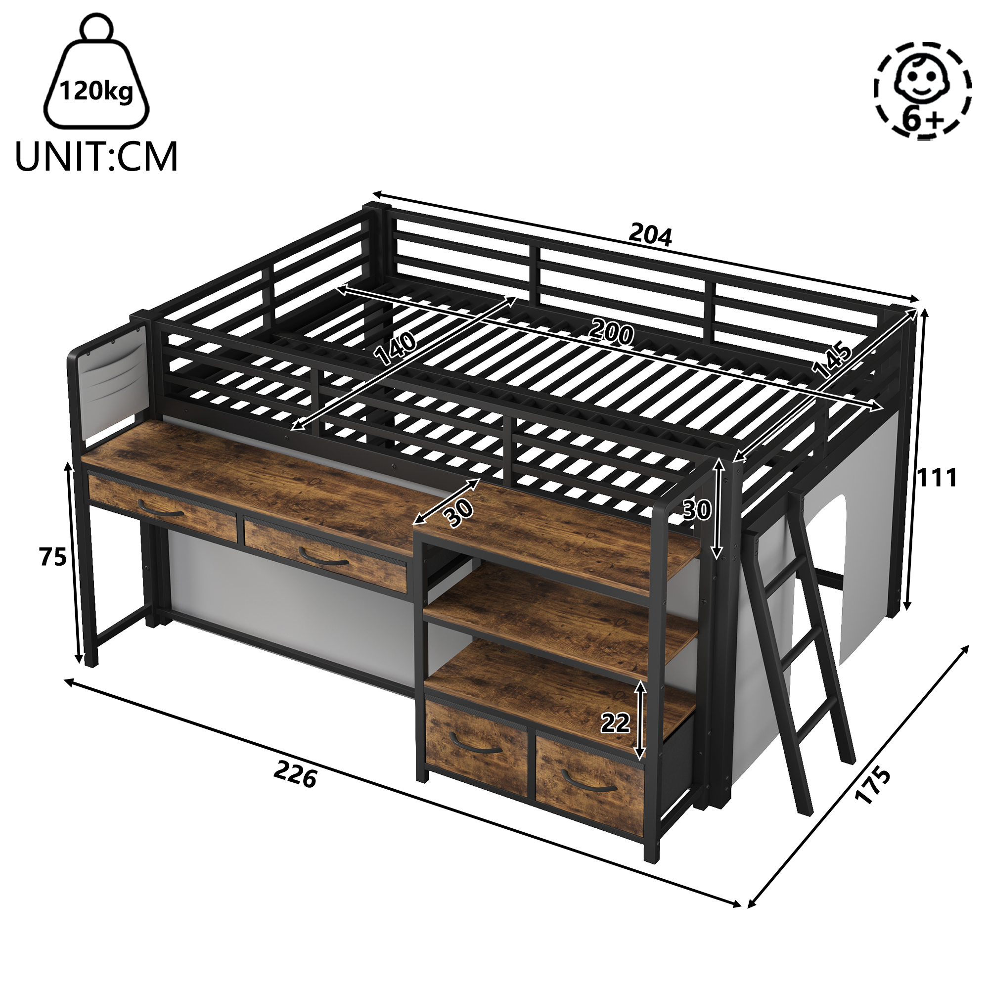 Détails lit mezzanine enfant 140x200 cm bureau rangement LED structure métal noir