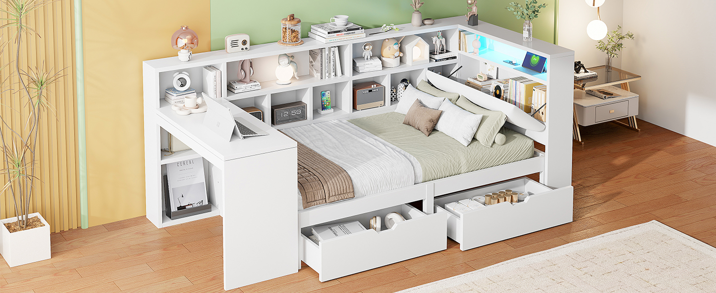 90x200 L-förmiges Holz-Plattformbett mit Schreibti