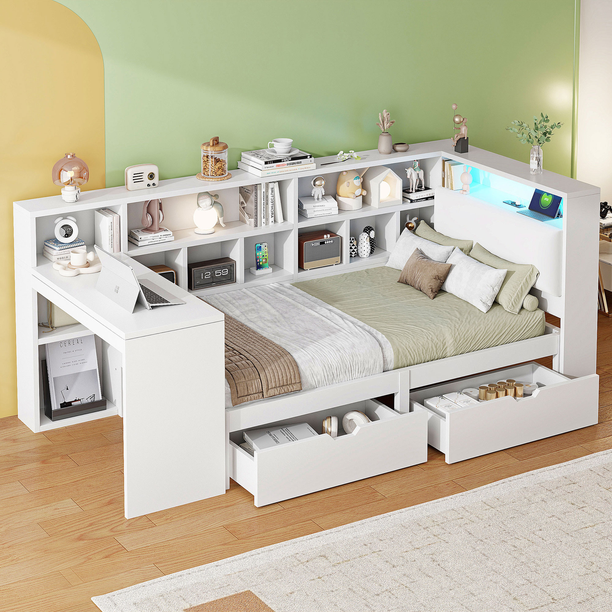 90x200 L-förmiges Holz-Plattformbett mit Schreibti