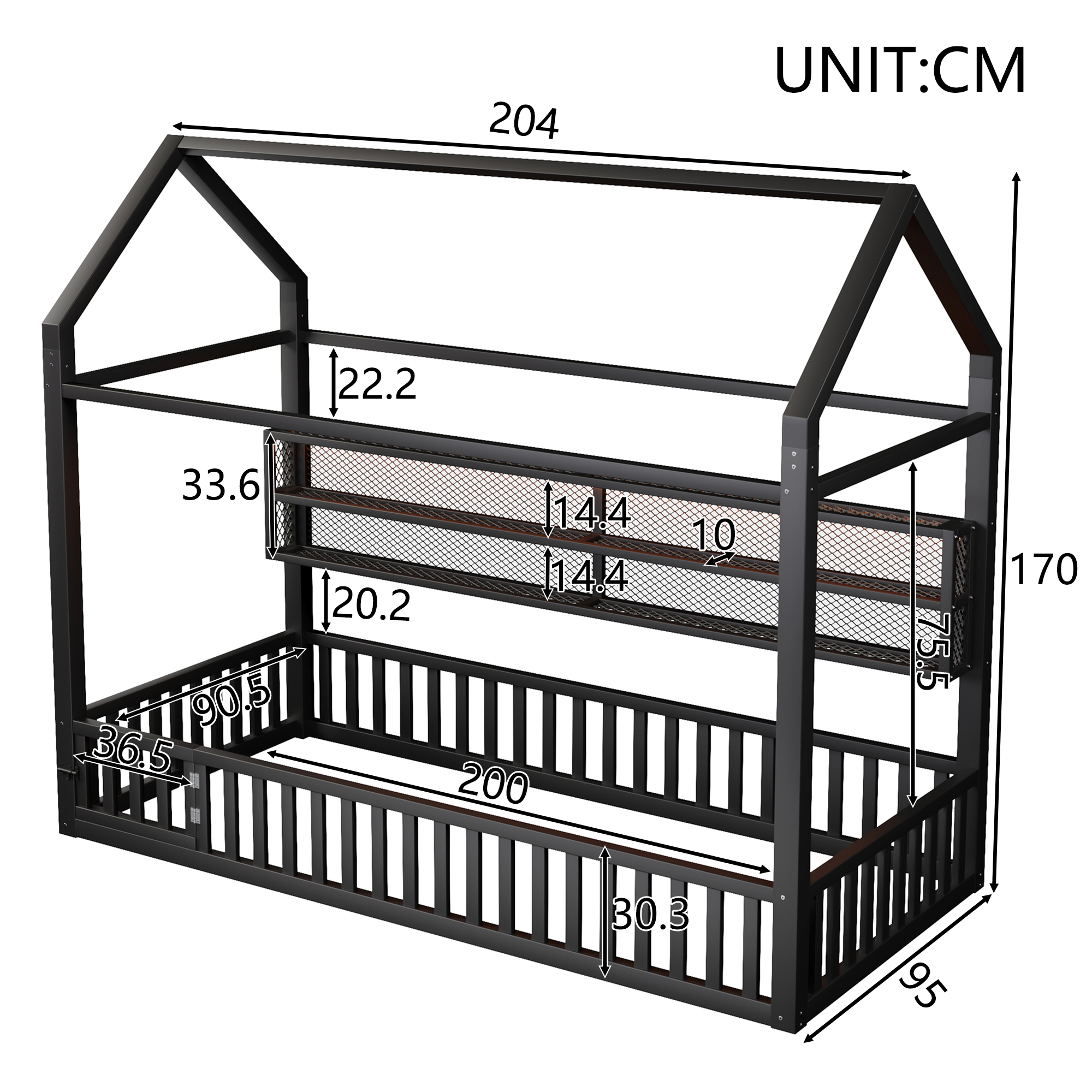 Lit plateforme 90 x 200 cm, design cabane, éclairage LED sous le couchage, garde-corps, métal, noir, 204 x 95 x 170 cm 🏠 - vue complémentaire 1