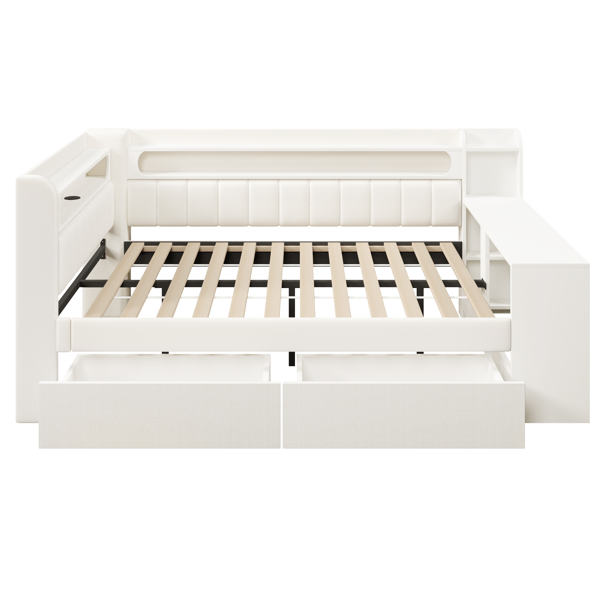 Lit banquette 140x200 cm,en bois,tiroirs de rangement,bureau intégré,éclairage LED,port USB,blanc,lit 2 places,lit avec rangement intégré