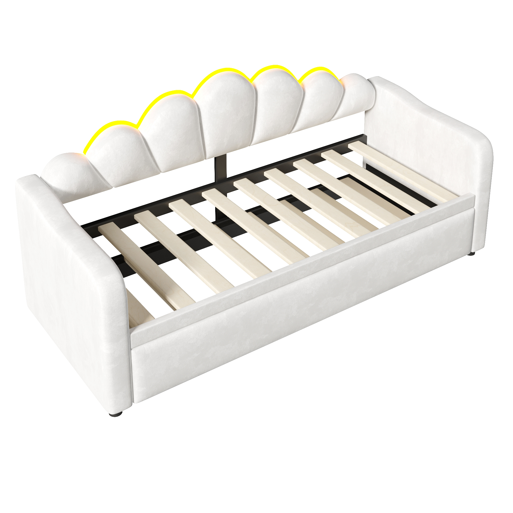 Lit banquette 90x200 cm,en bois,lit gigogne,éclairage LED,blanc,lit 1 place
