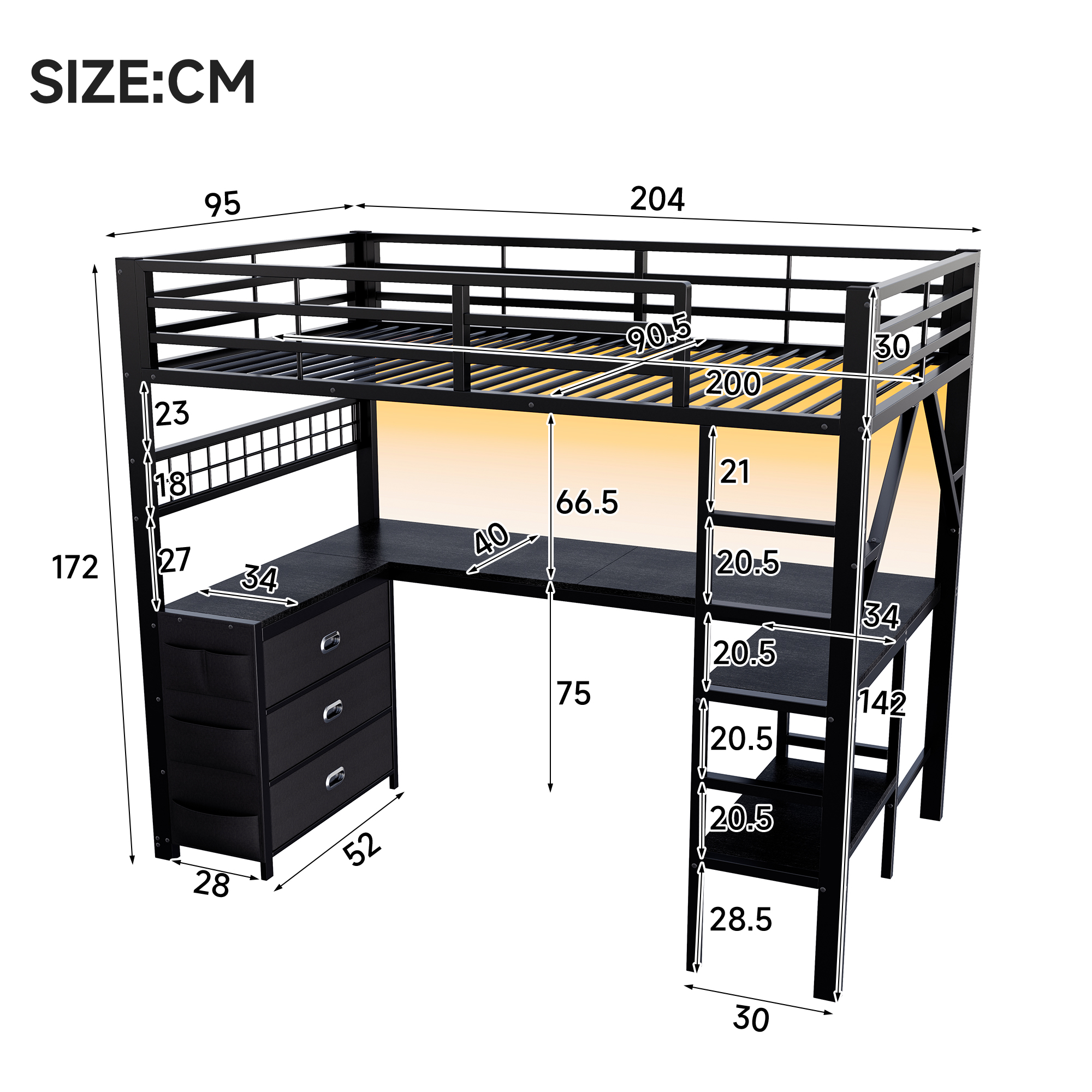 Dimensions du lit mezzanine 90x200 cm avec bureau en U