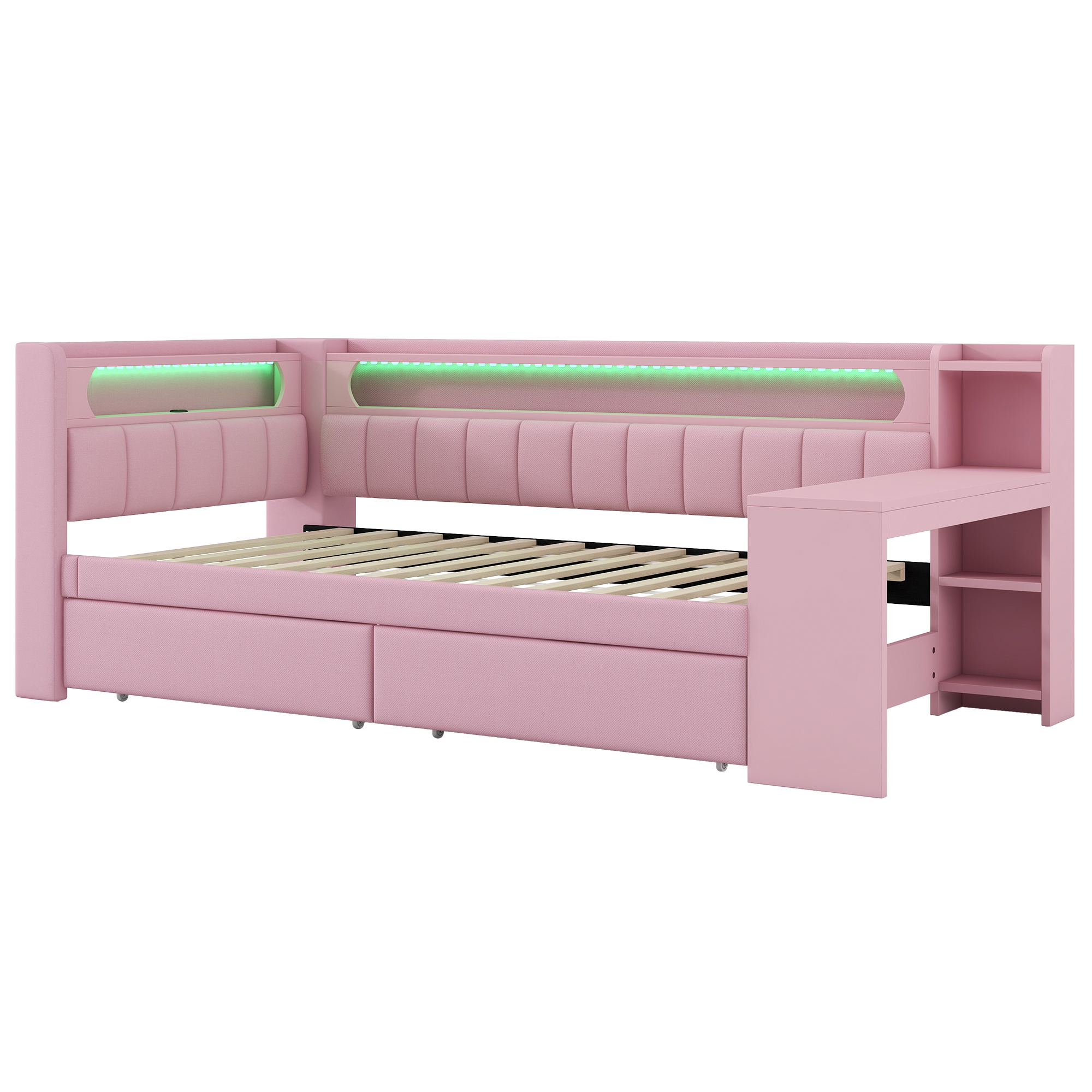 Lit banquette 90x200 cm,en bois,tiroirs de rangement,bureau intégré,éclairage LED,port USB,rose,lit 1 place,lit avec rangement intégré