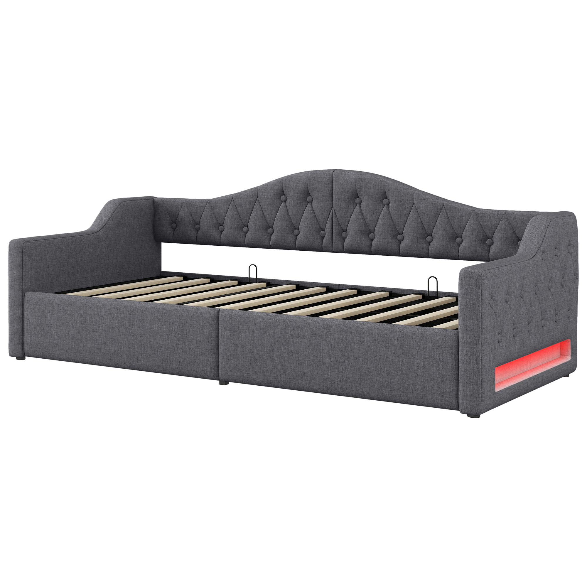 Lit banquette convertible 90x200 cm,en bois,couchage gigogne,rangement intégré,éclairage LED,gris,lit 1 place,lit avec rangement intégré