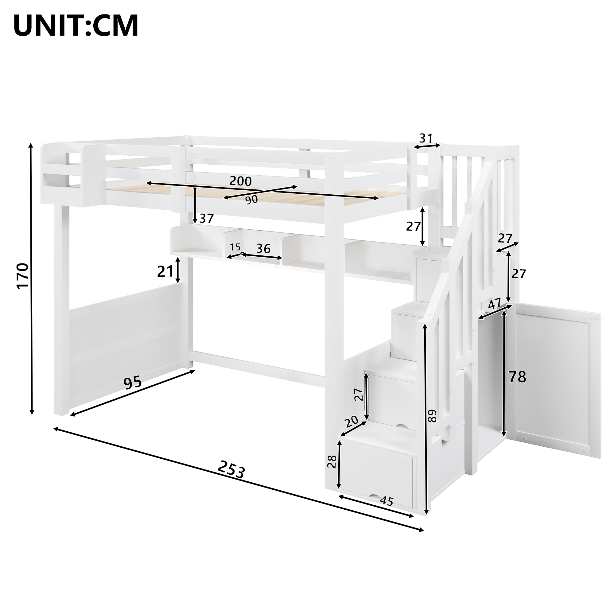 Lit mezzanine 90 x 200 cm, escalier de rangement, penderie intégrée, éclairage LED sous le couchage, garde-corps, bois de pin, blanc, 253 x 95 x 170 cm - vue complémentaire 1