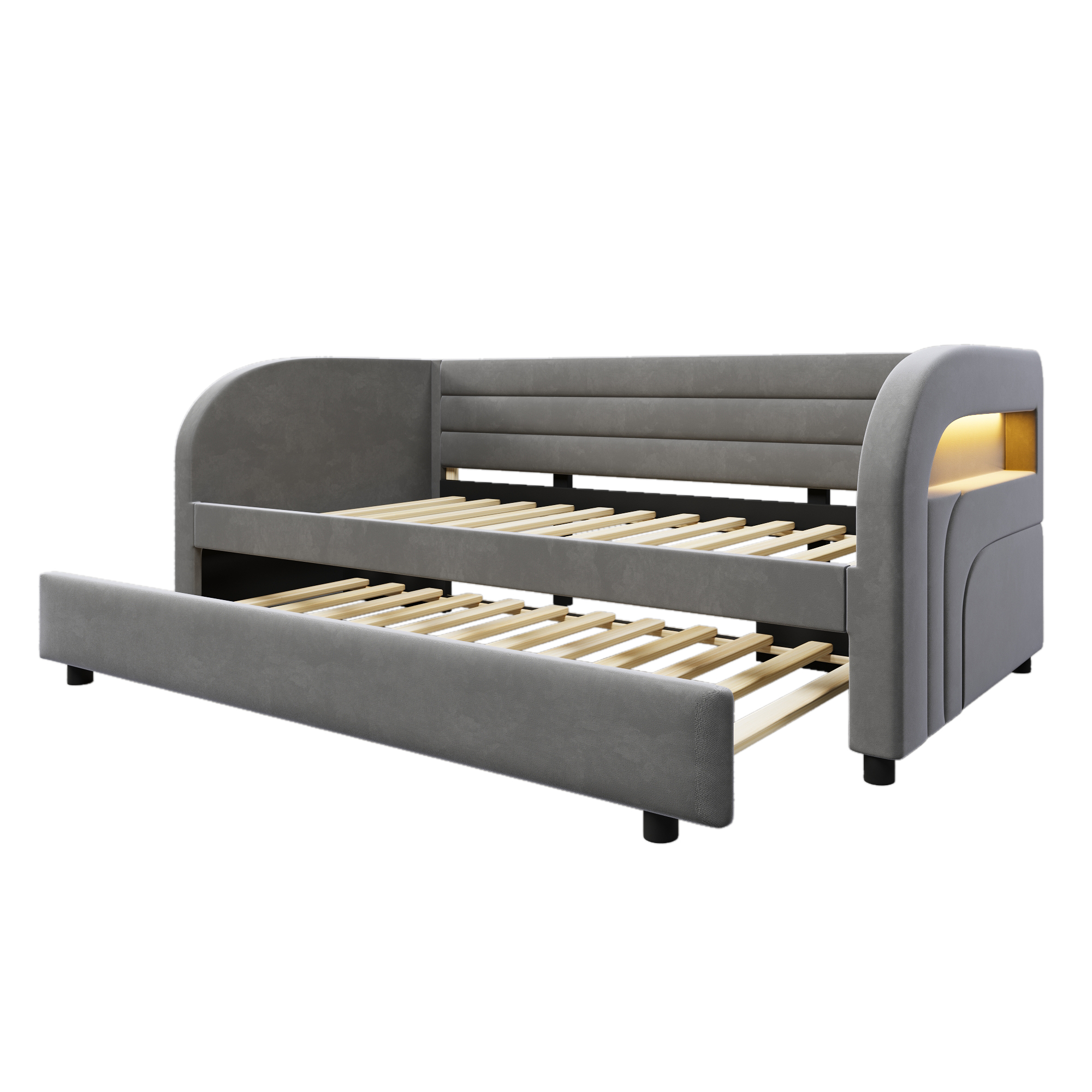 Lit plateforme 90x200 cm avec lit gigogne, LED flannelette gris - vue complémentaire 1