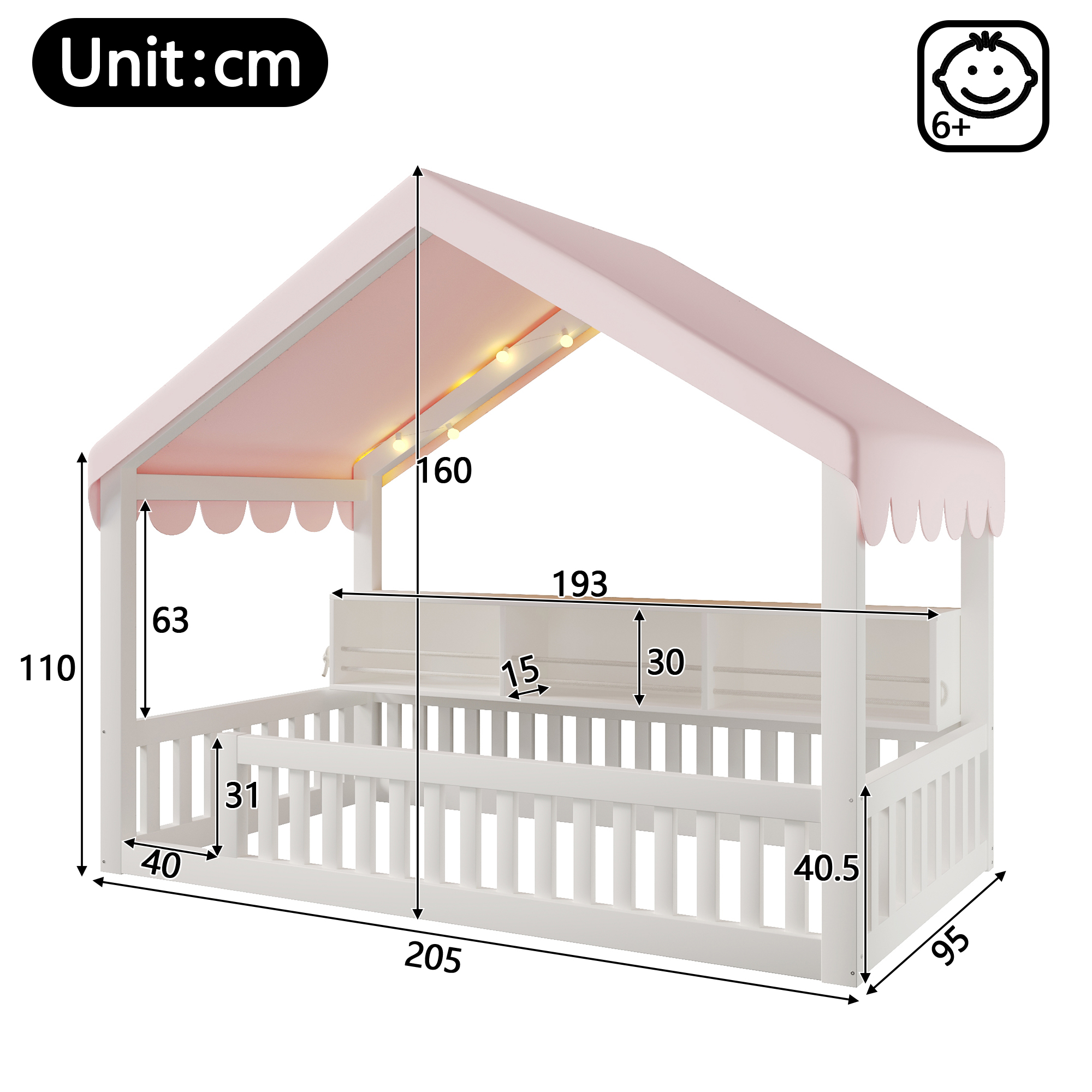 Détails du lit cabane enfant 90x200 cm blanc avec bibliothèque et éclairage LED
